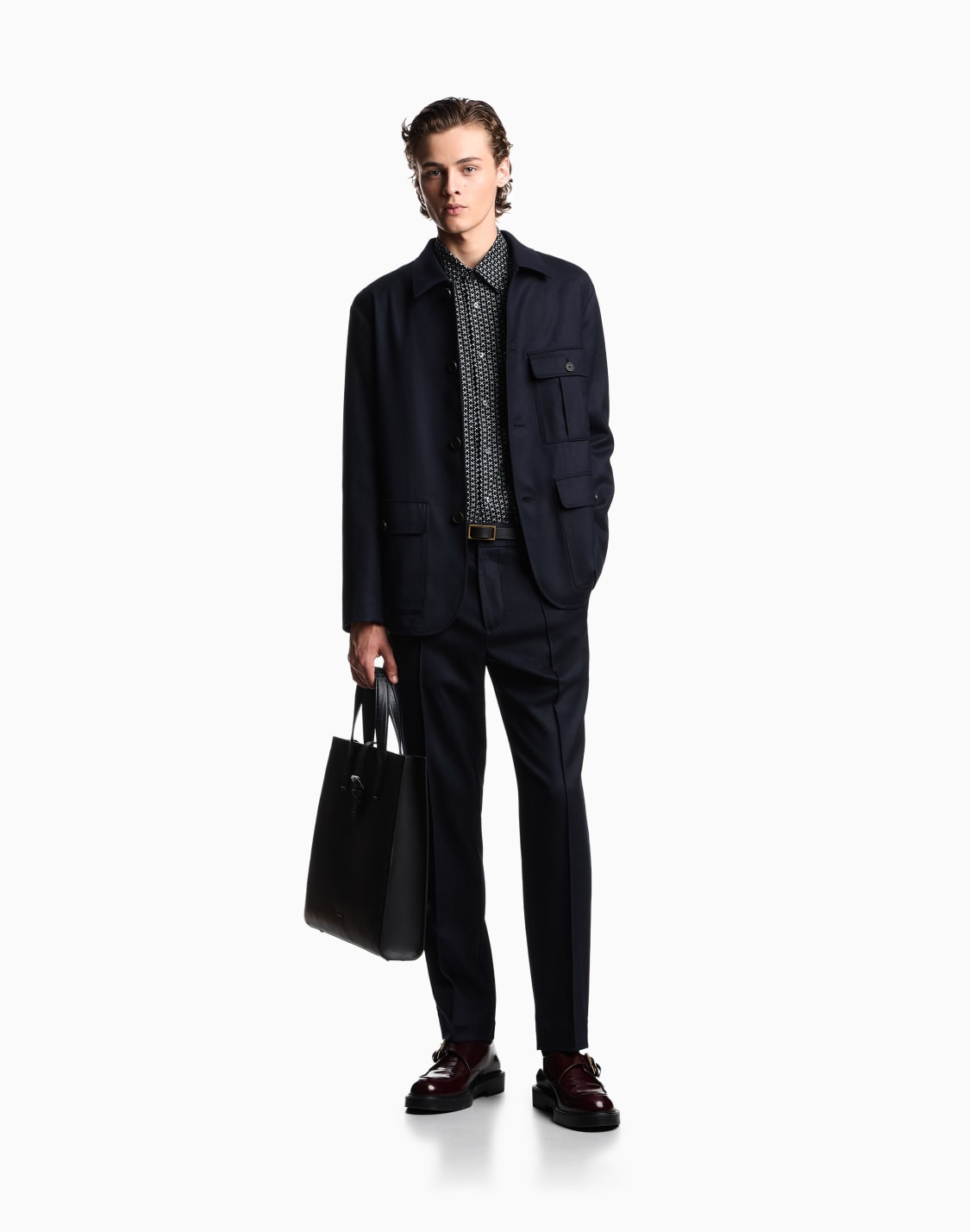 シャツ-ストレッチコットン-プリントパタン-ブル--emporio-armani