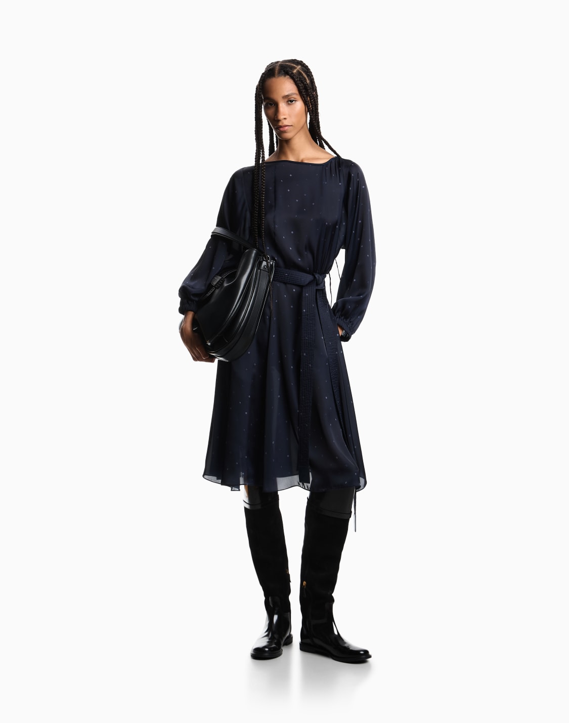 polka-dot-print-satin-dress-with-belt-navy-blue--emporio-armani