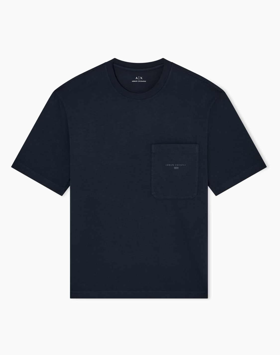 パッチポケットディテル-ガメントダイ-半袖クルネックtシャツ-ネイビブル--armani-exchange
