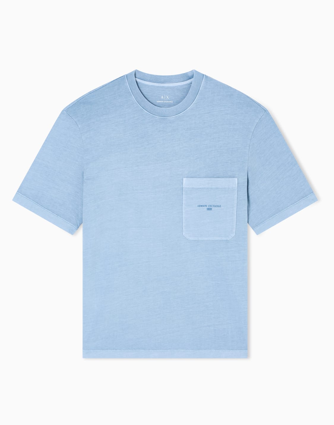 パッチポケットディテル-ガメントダイ-半袖クルネックtシャツ-ライトブル--armani-exchange