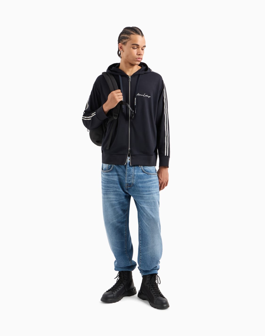 full-zip-sweatshirt-in-bonded-cotton-with-bands-on-the-sleeves-blue--armani-exchange