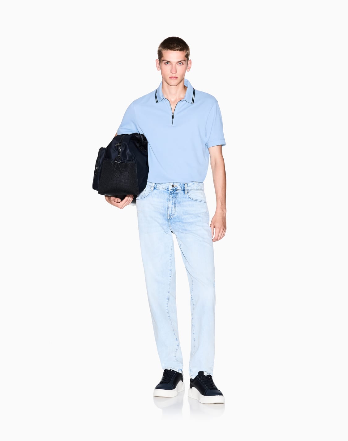 ジップアップ-半袖ポロシャツ-ライトブル--armani-exchange