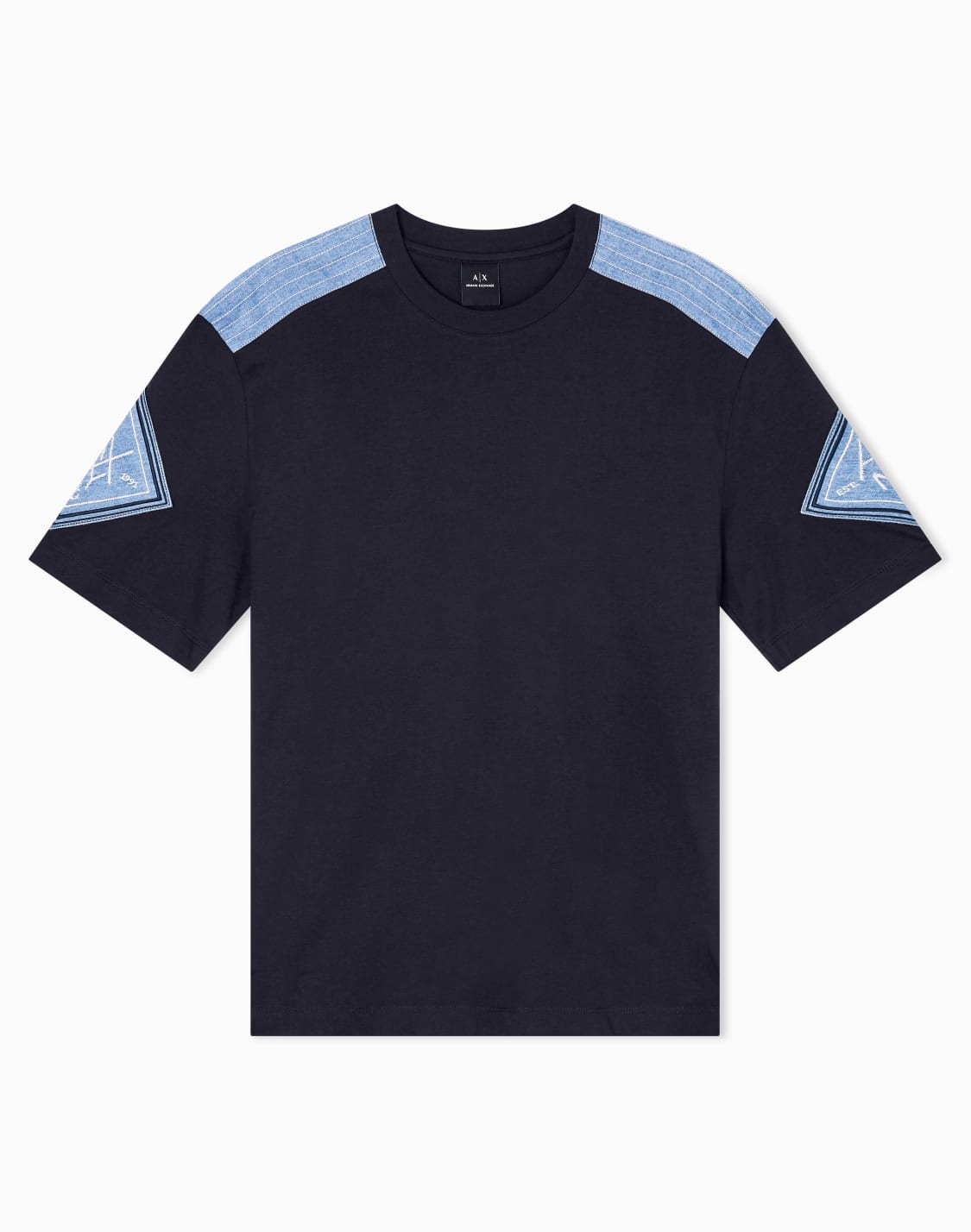 デニムミックス-マリンパッチ-半袖トップス-ネイビブル--armani-exchange