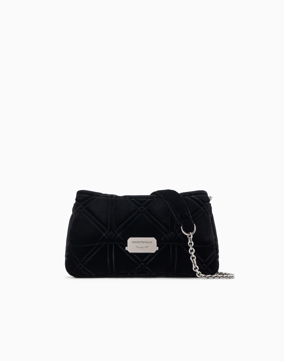 オンライン限定ミニバッグ-ベルベット-エンボスモチフ-チェンショルダストラップ付き-ブラック--emporio-armani