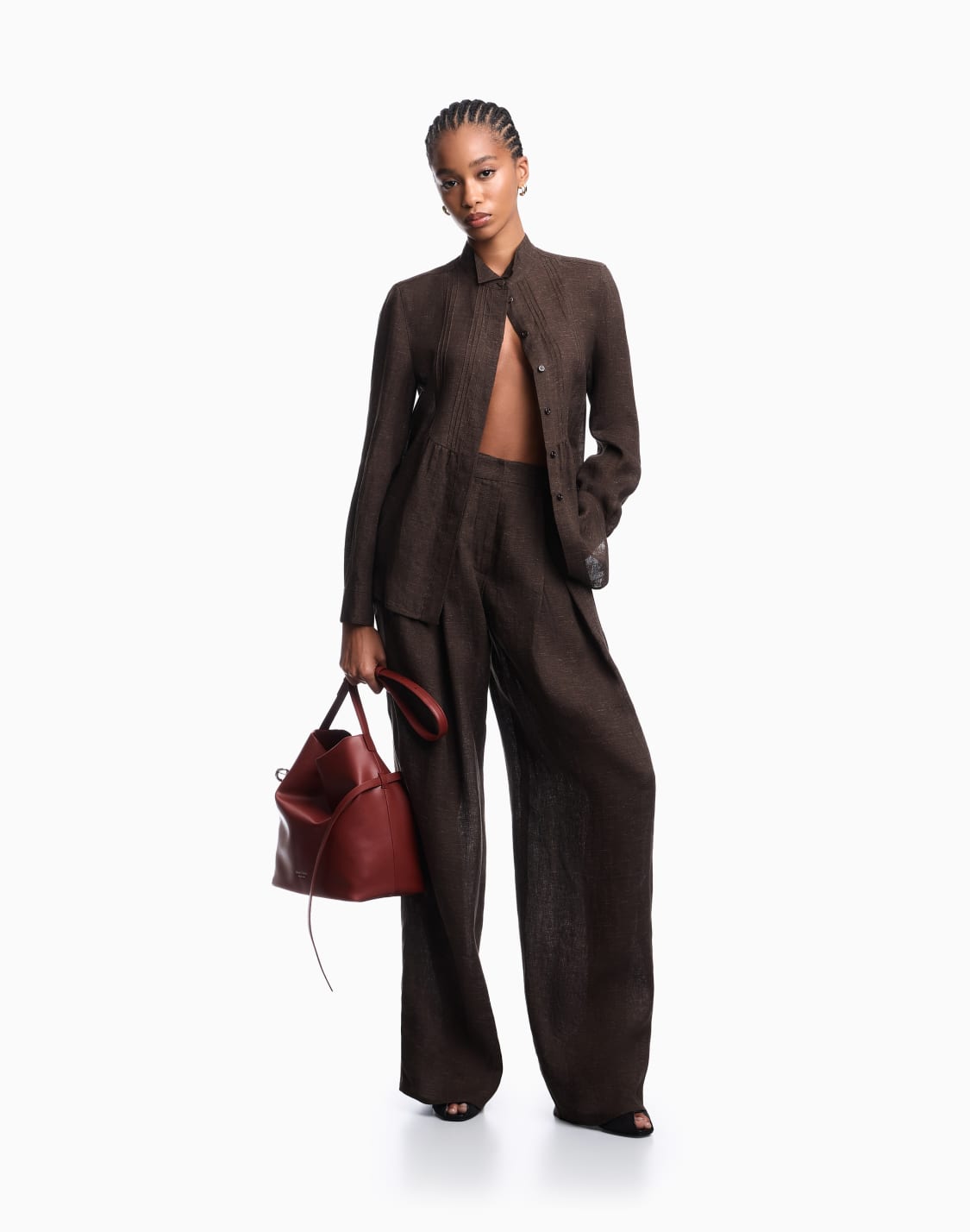 pantaloni-con-pighe-godet-in-chambray-di-lino-icon-marrone--emporio-armani