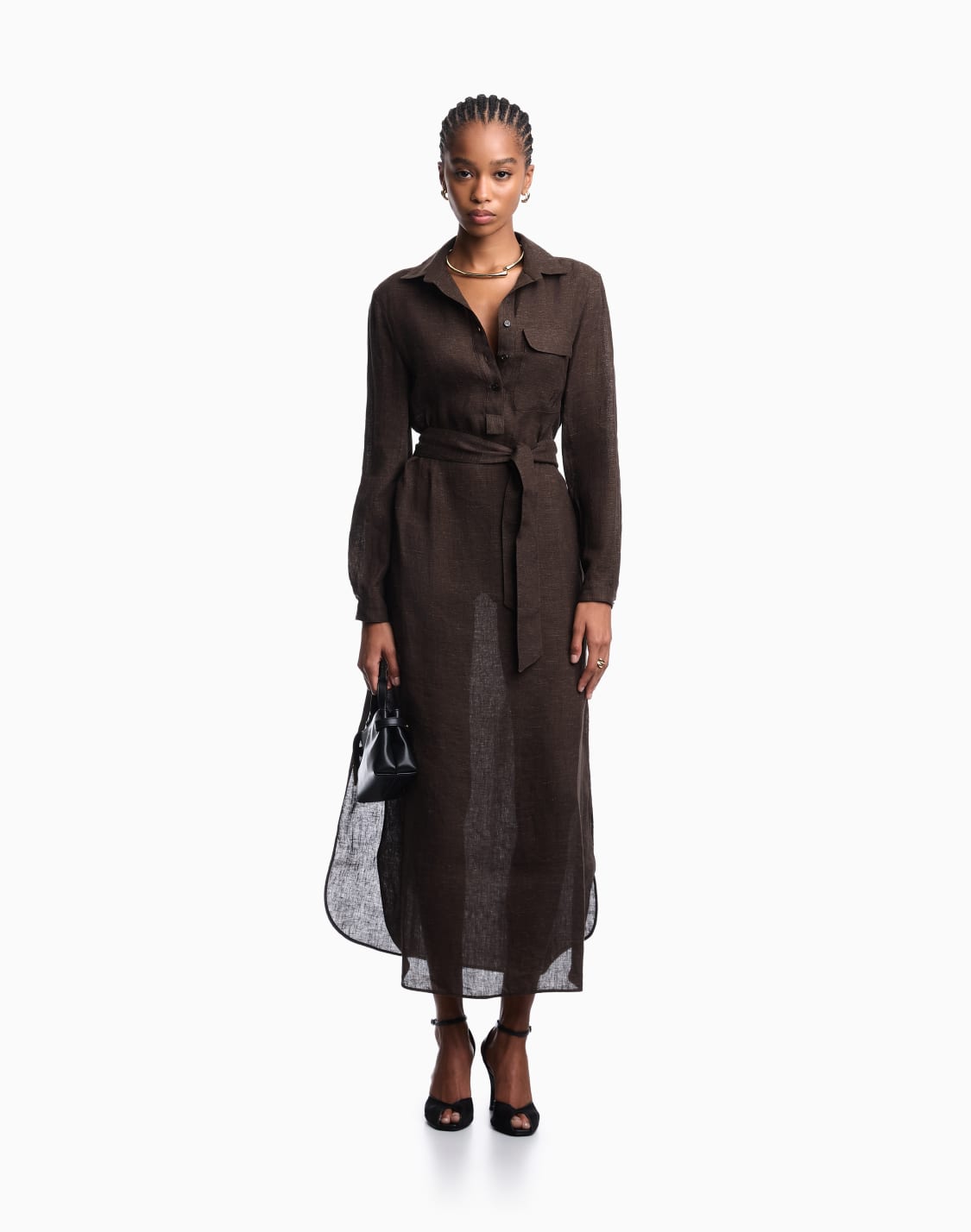 icon-linen-chambray-dress-with-sash-brown--emporio-armani