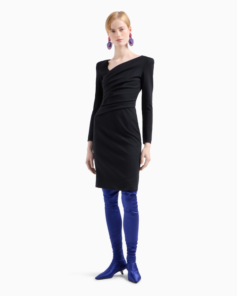 Stretch Milano stitch fabric dress with asymmetric crossover and