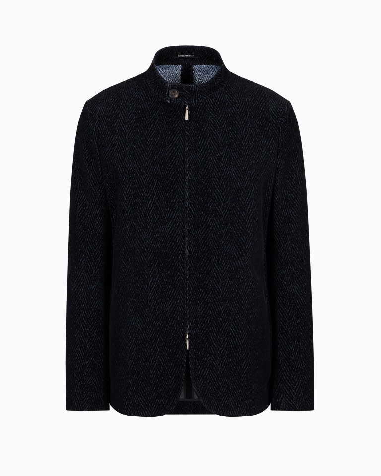 Gurucollared, zipup mesh jacket with allover chevron flock print