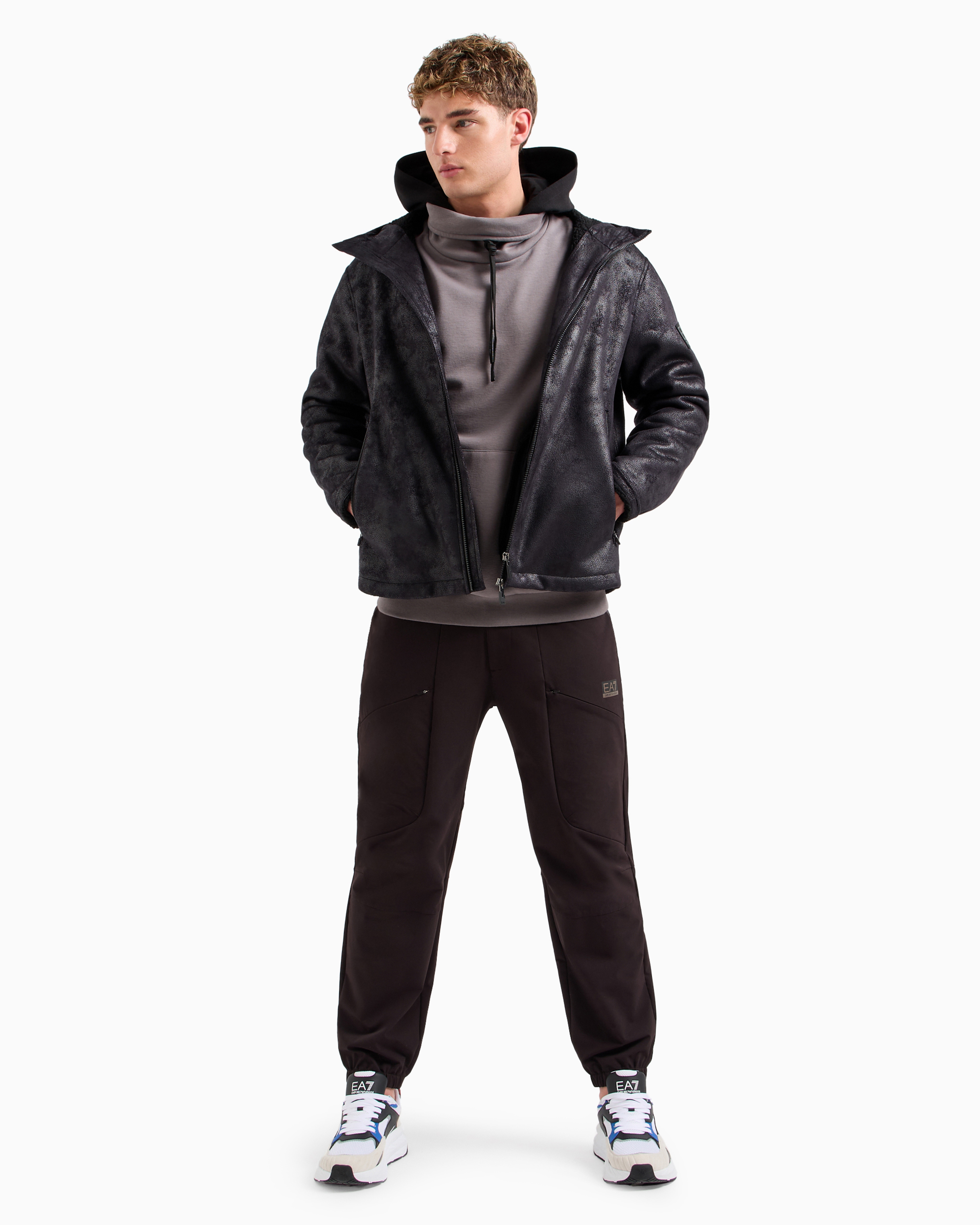 Shop Ea7 Leather-effect Fabric And Nylon Hooded Jacket In Black