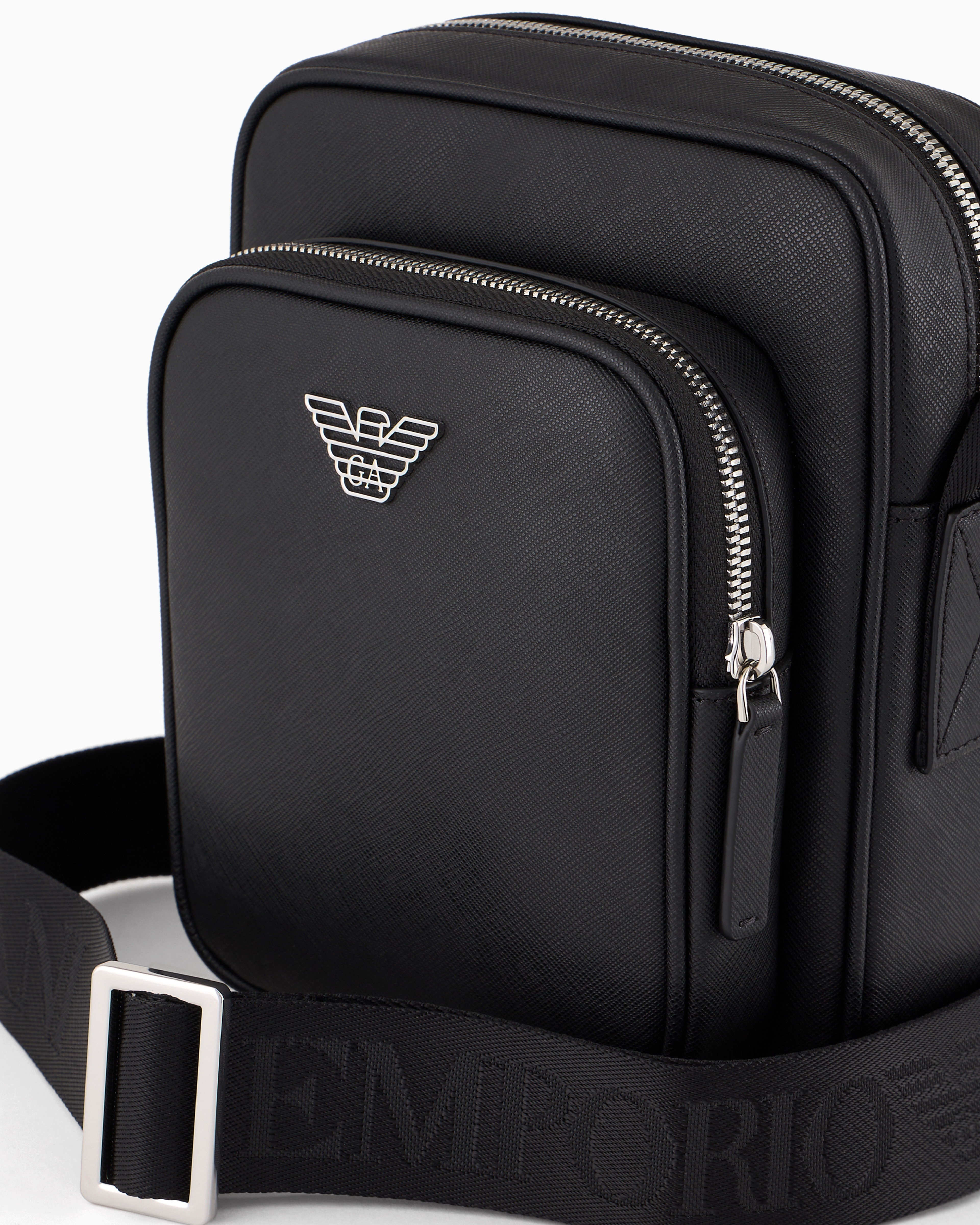 Shop Emporio Armani Asv Regenerated Saffiano Leather Shoulder Bag With Eagle Plate In Black