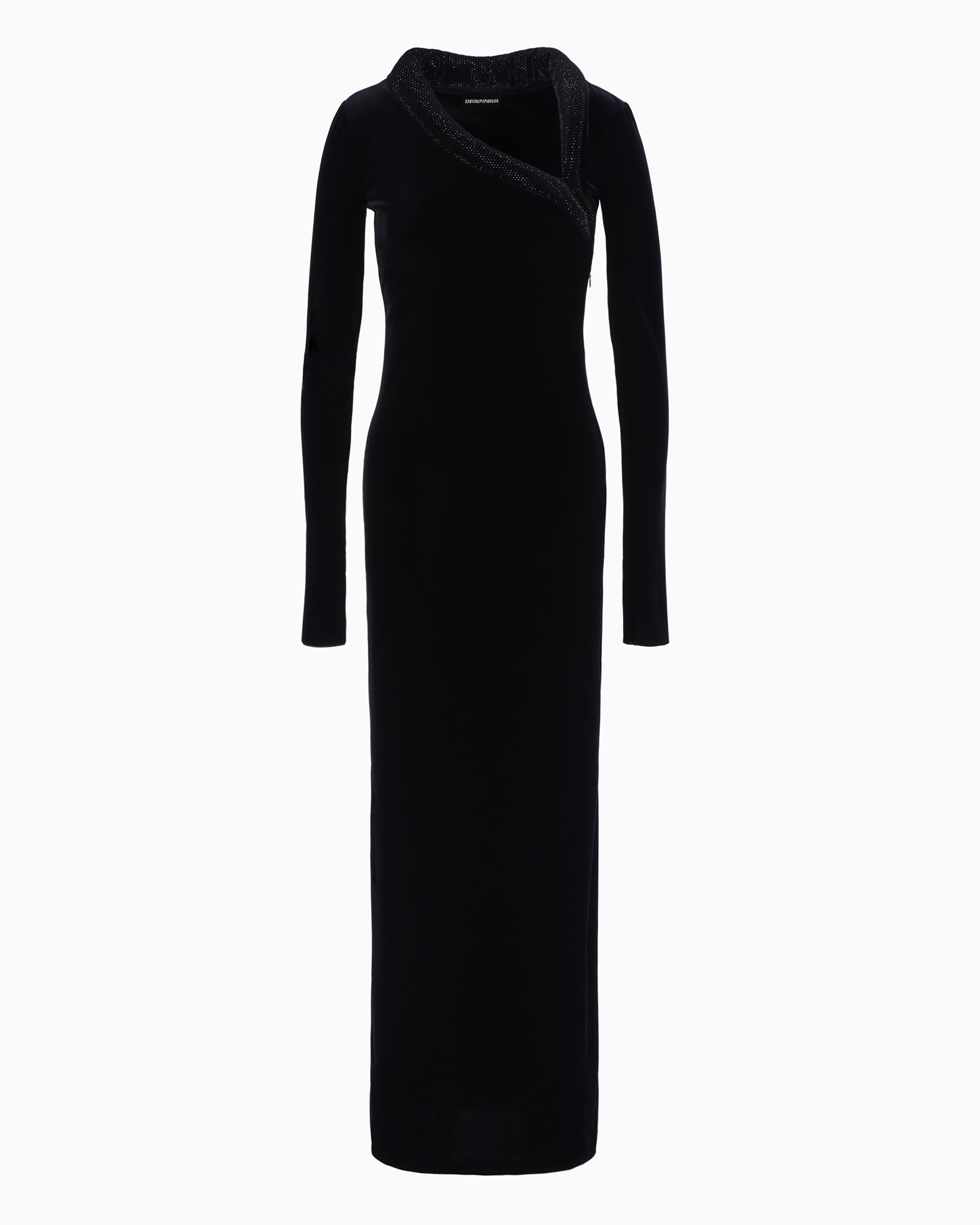 Emporio Armani Chenille Jersey Long Dress With Asymmetric Neckline And Rhinestones In Black