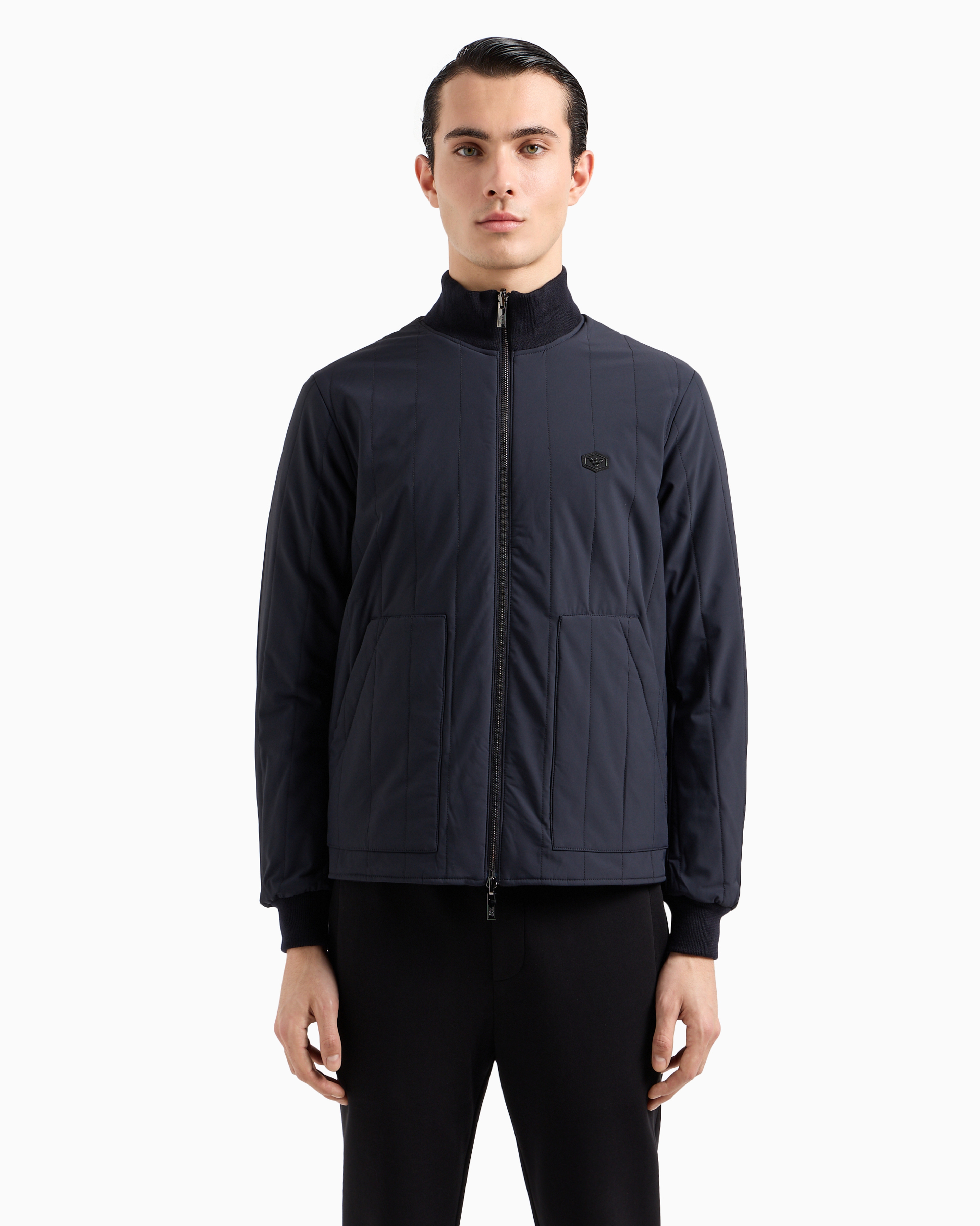 Emporio Armani Quilted Nylon And Knit Reversible Blouson With Logo Patch In Navy Blue