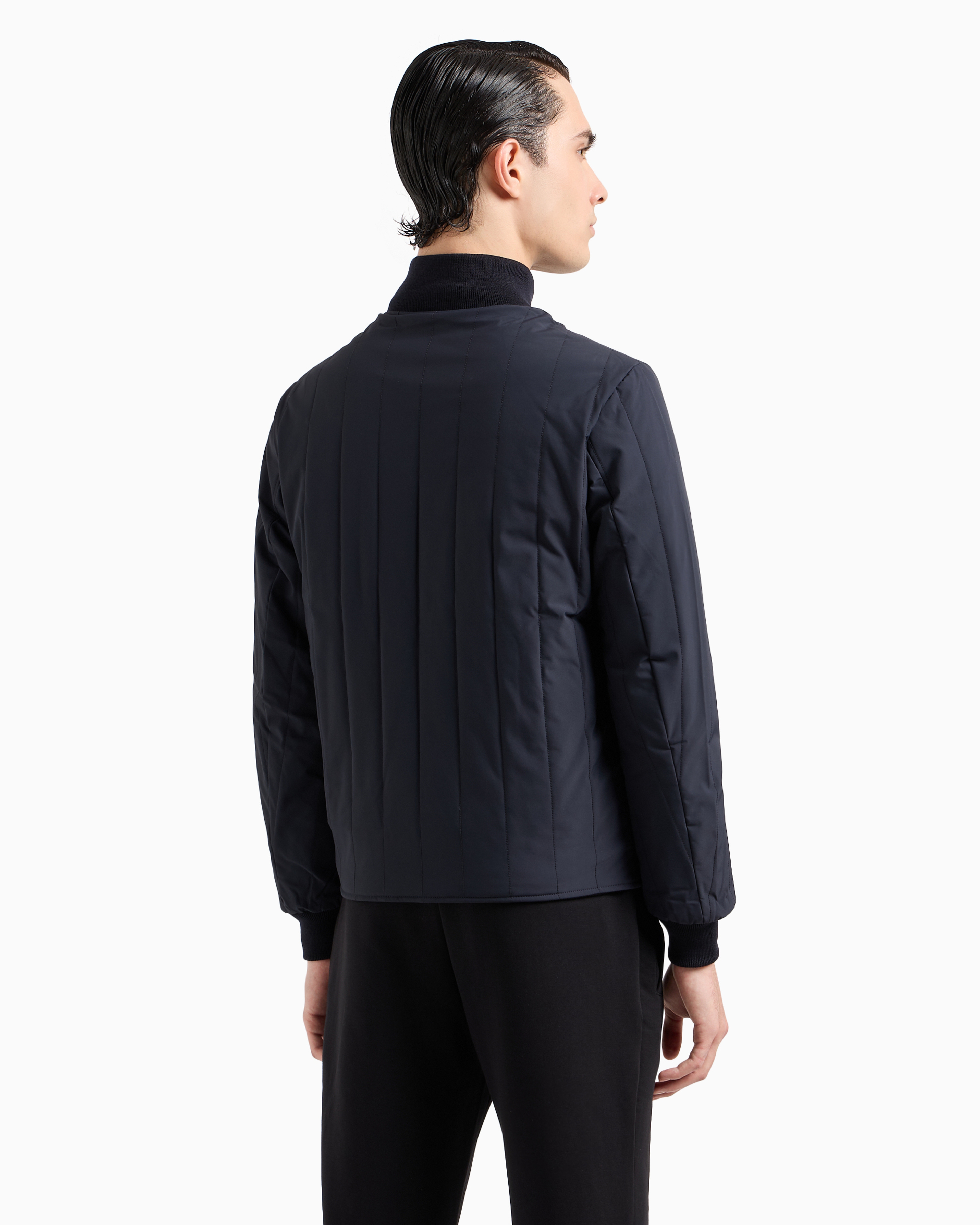 Emporio Armani Quilted Nylon And Knit Reversible Blouson With Logo Patch In Navy Blue