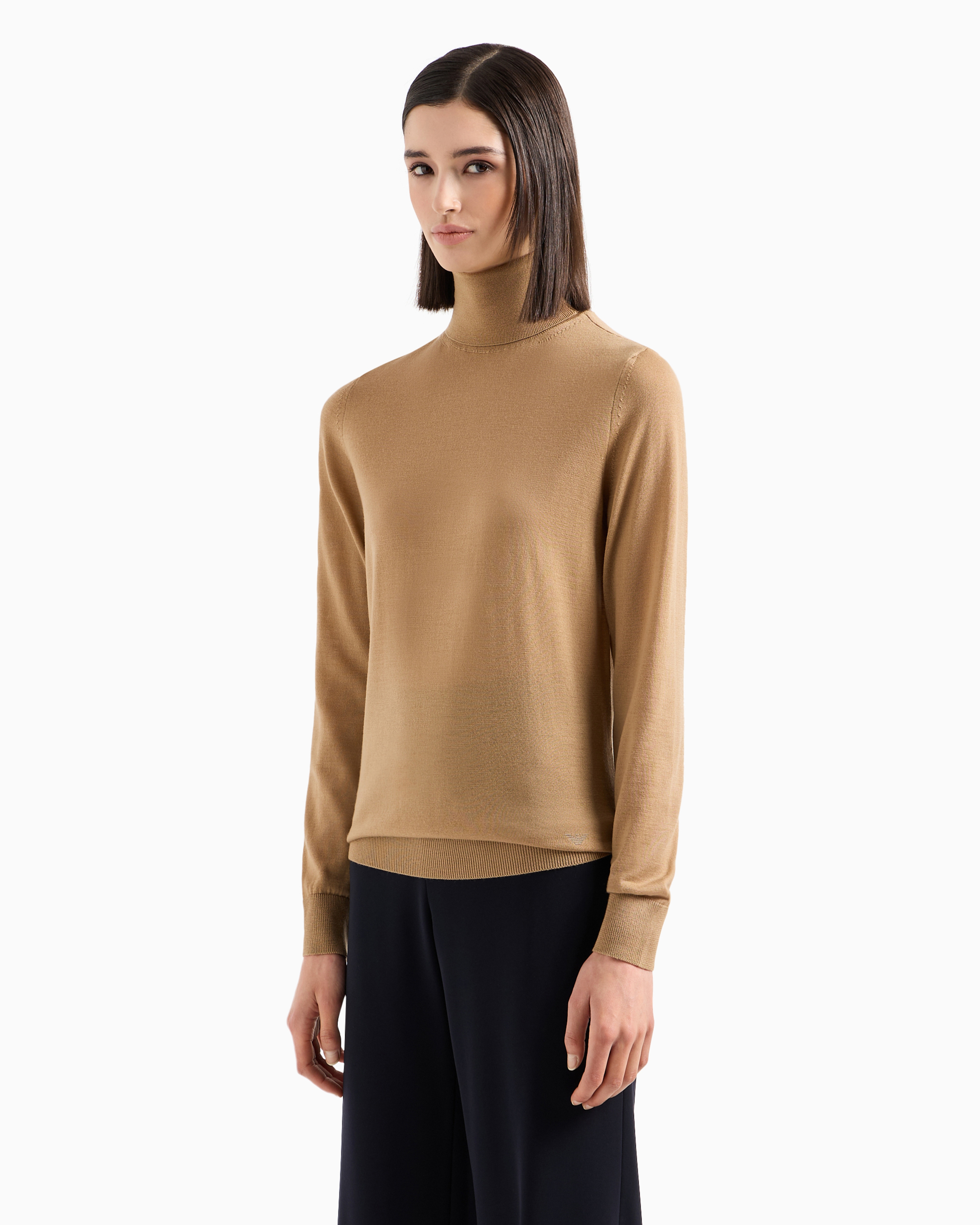 Emporio Armani Plain Knit Pure Virgin Wool Turtleneck In Camel