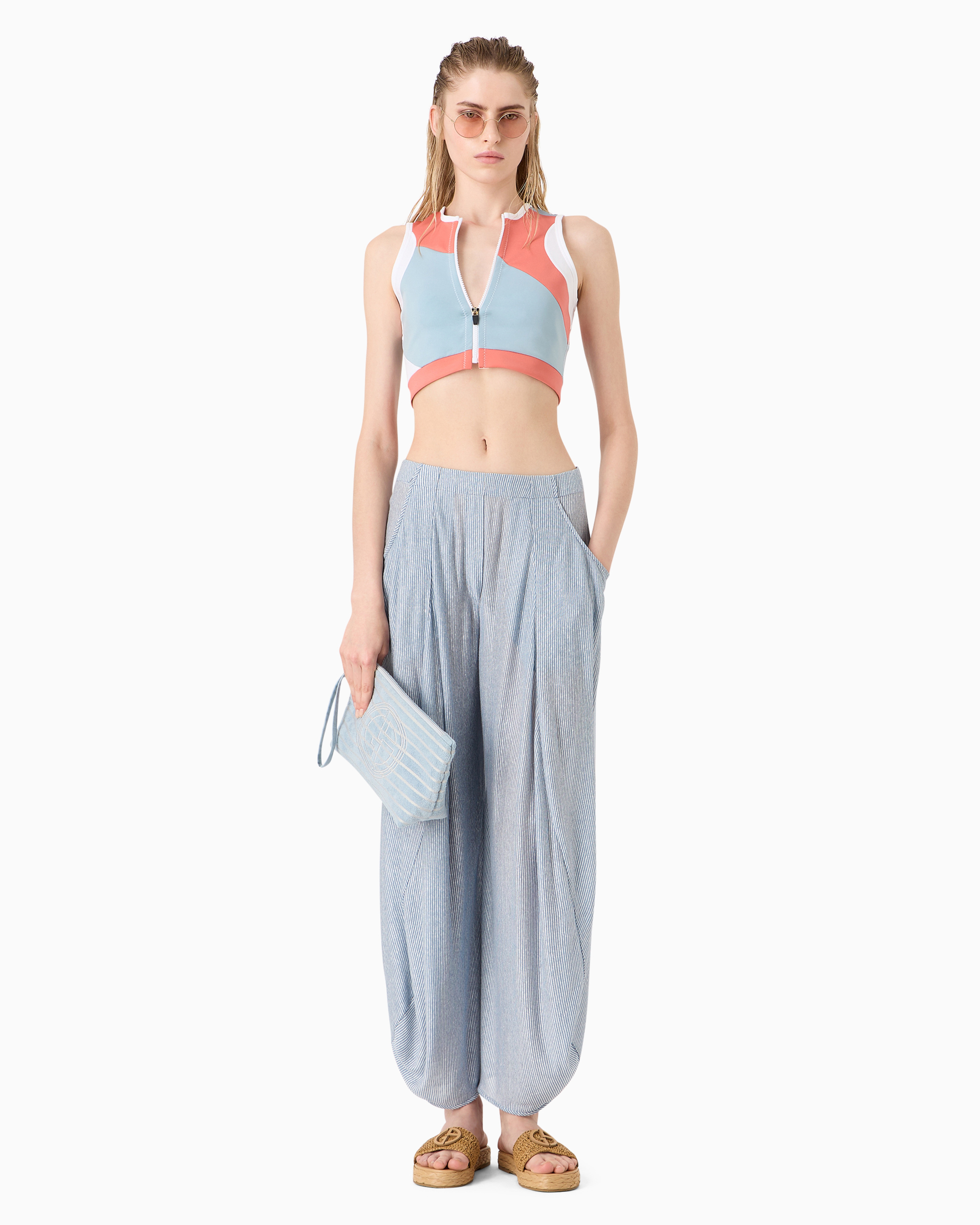 Shop Giorgio Armani Linen And Viscose Jersey Wide Trousers In Striped