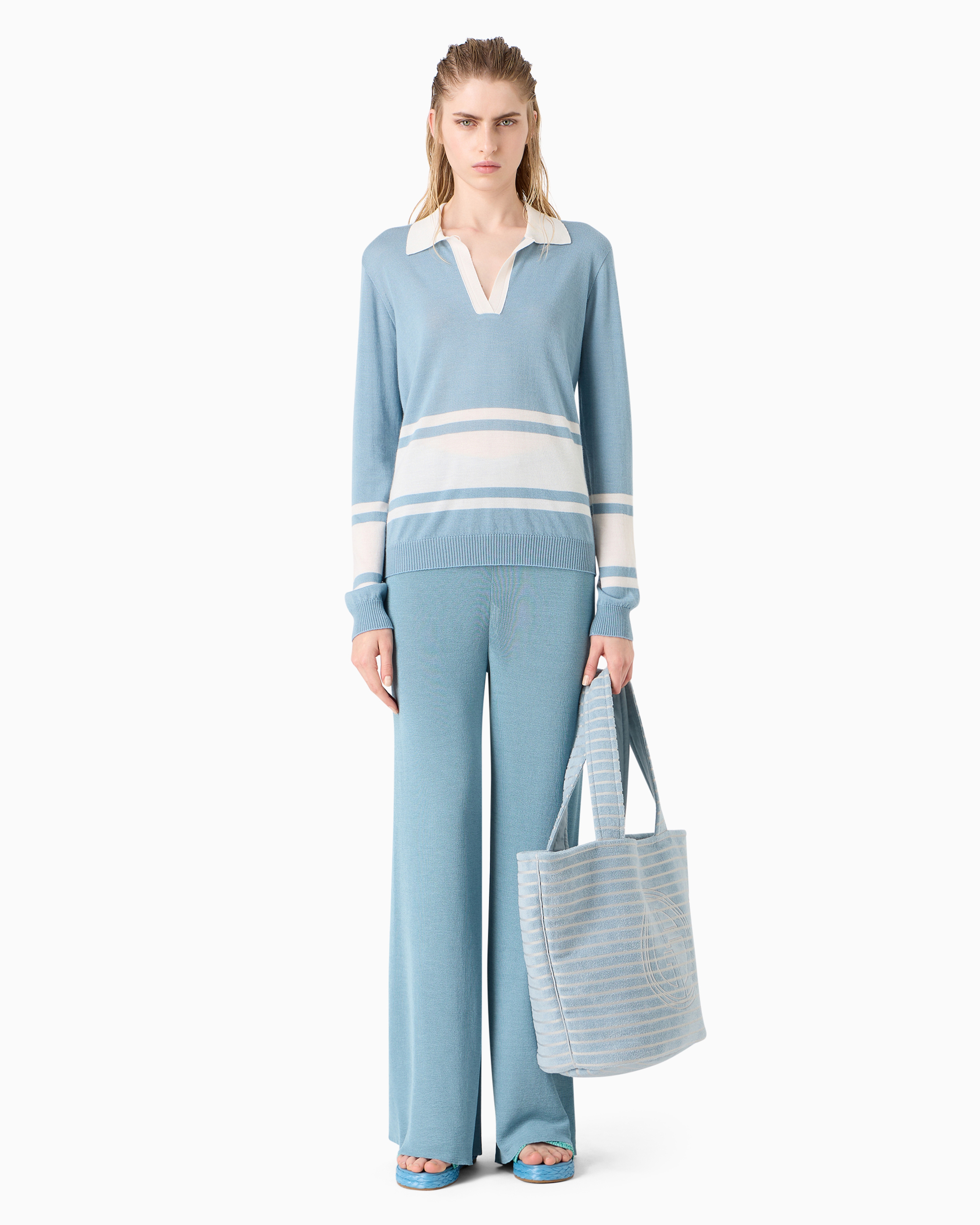 Shop Giorgio Armani Viscose-blend Knit Trousers In Blau