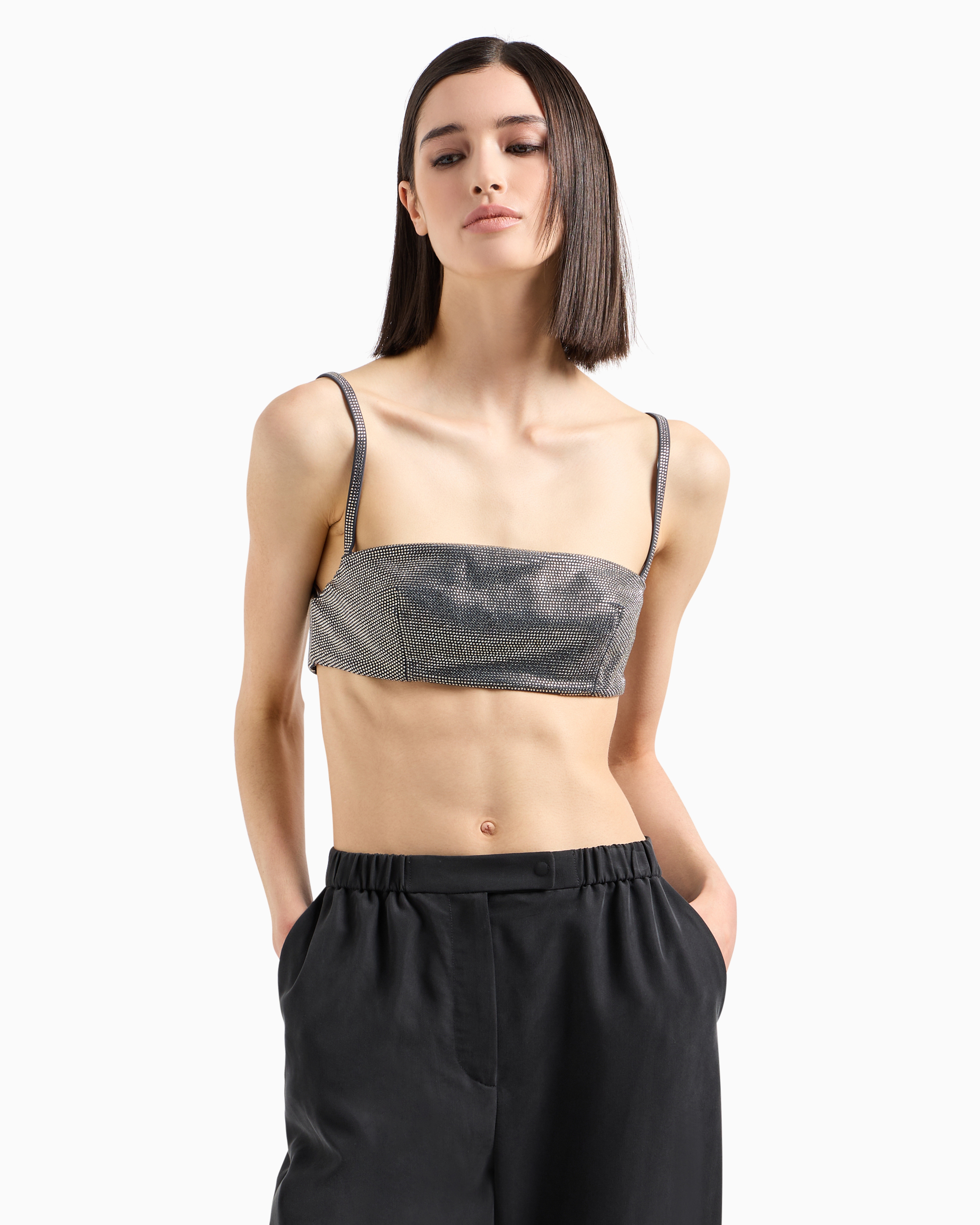 Emporio Armani Official Store Rhinestone-covered Bandeau Top With Shoulder Straps In Blue