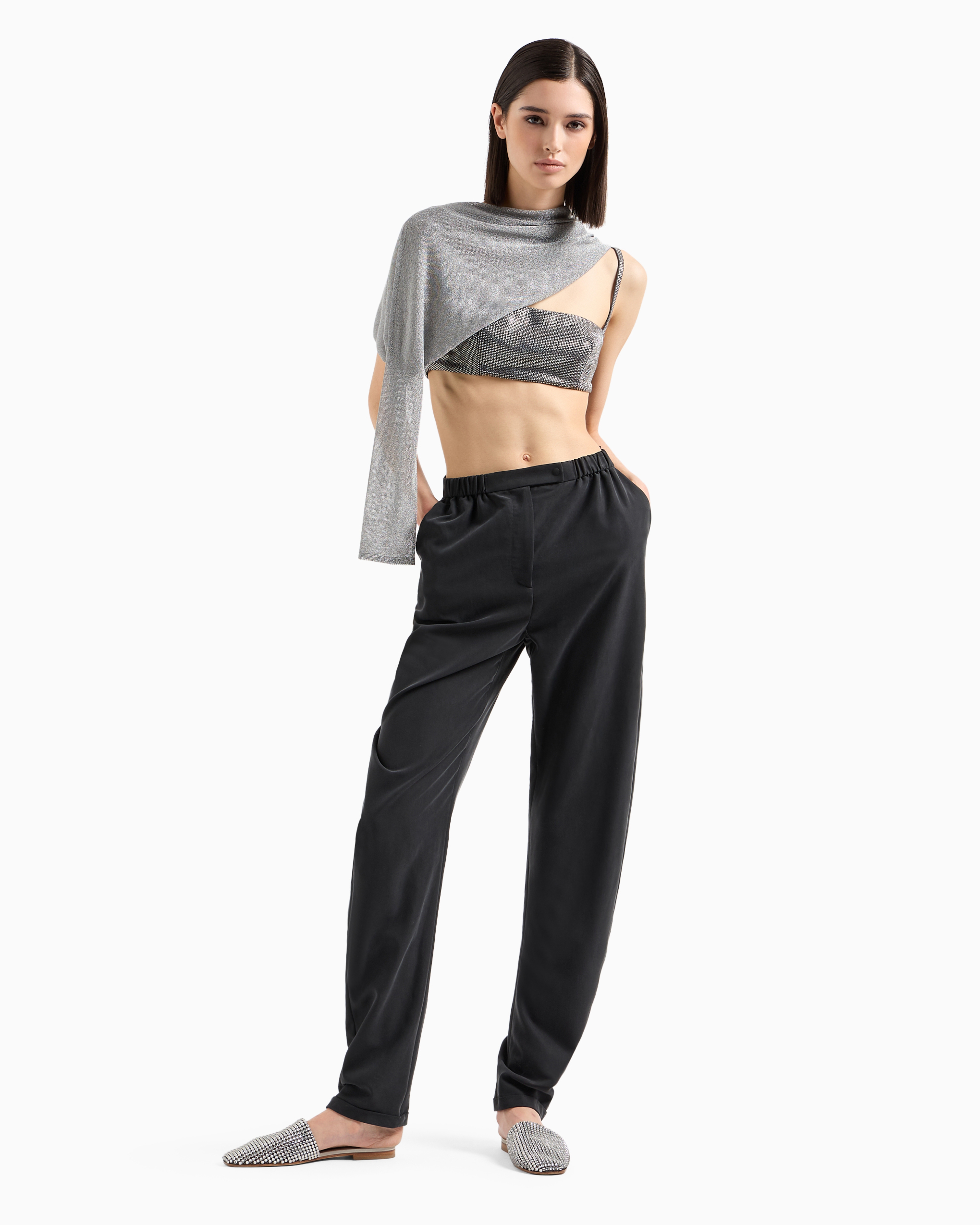 Emporio Armani Official Store Rhinestone-covered Bandeau Top With Shoulder Straps In Blue