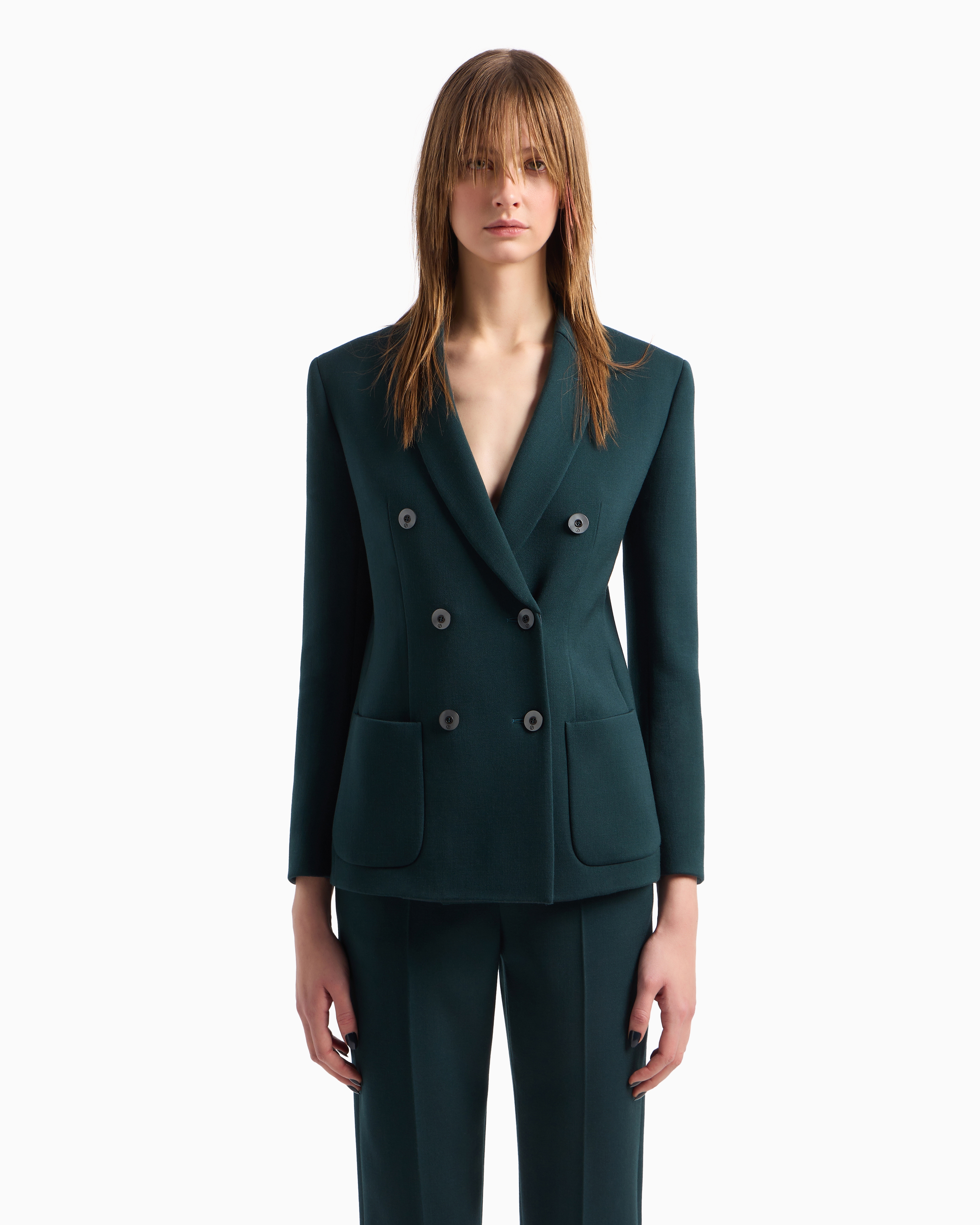 Giorgio Armani Official Store Double-breasted Jacket In Stretch Double-sided Wool In Vert