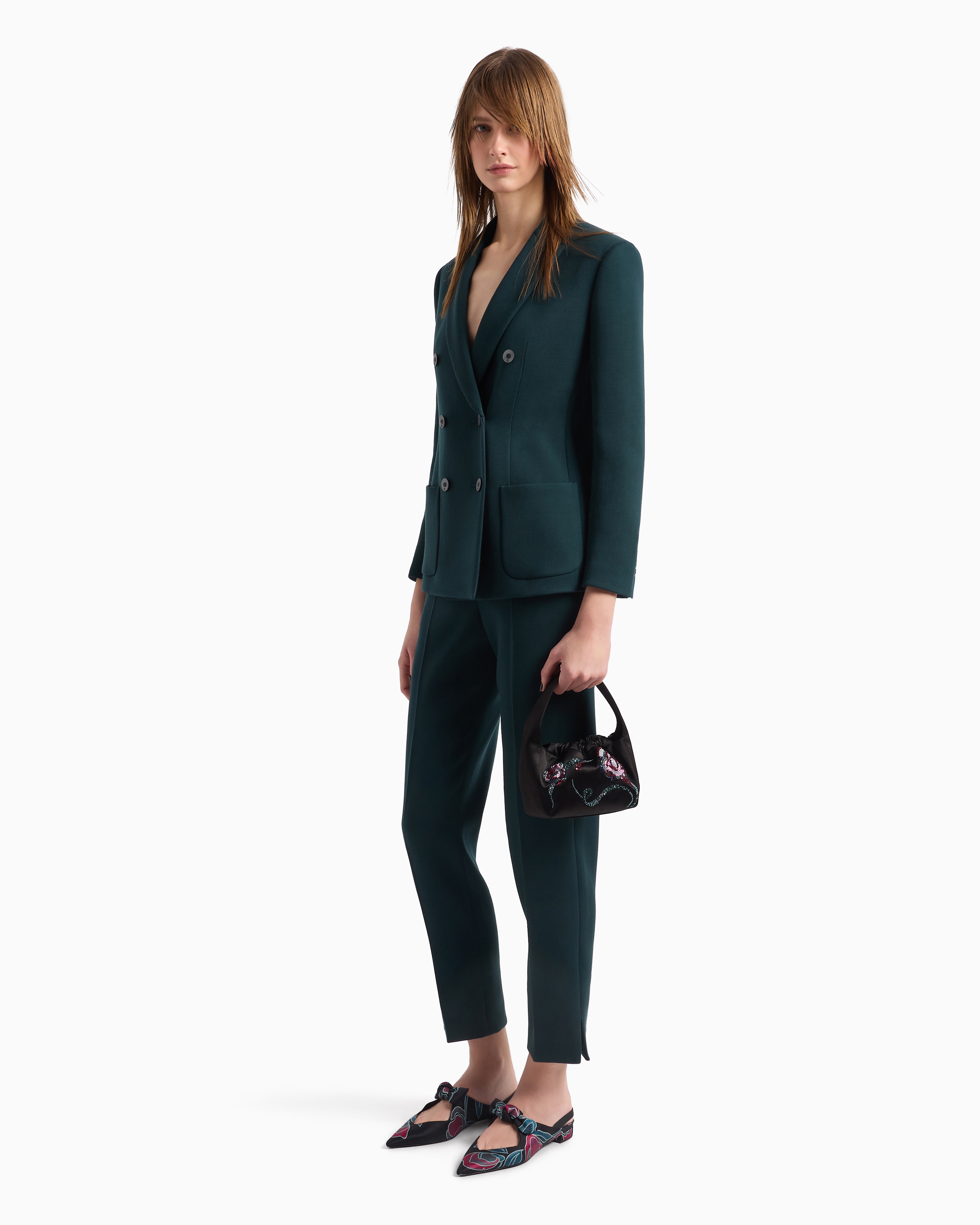 Giorgio Armani Official Store Double-breasted Jacket In Stretch Double-sided Wool In Vert