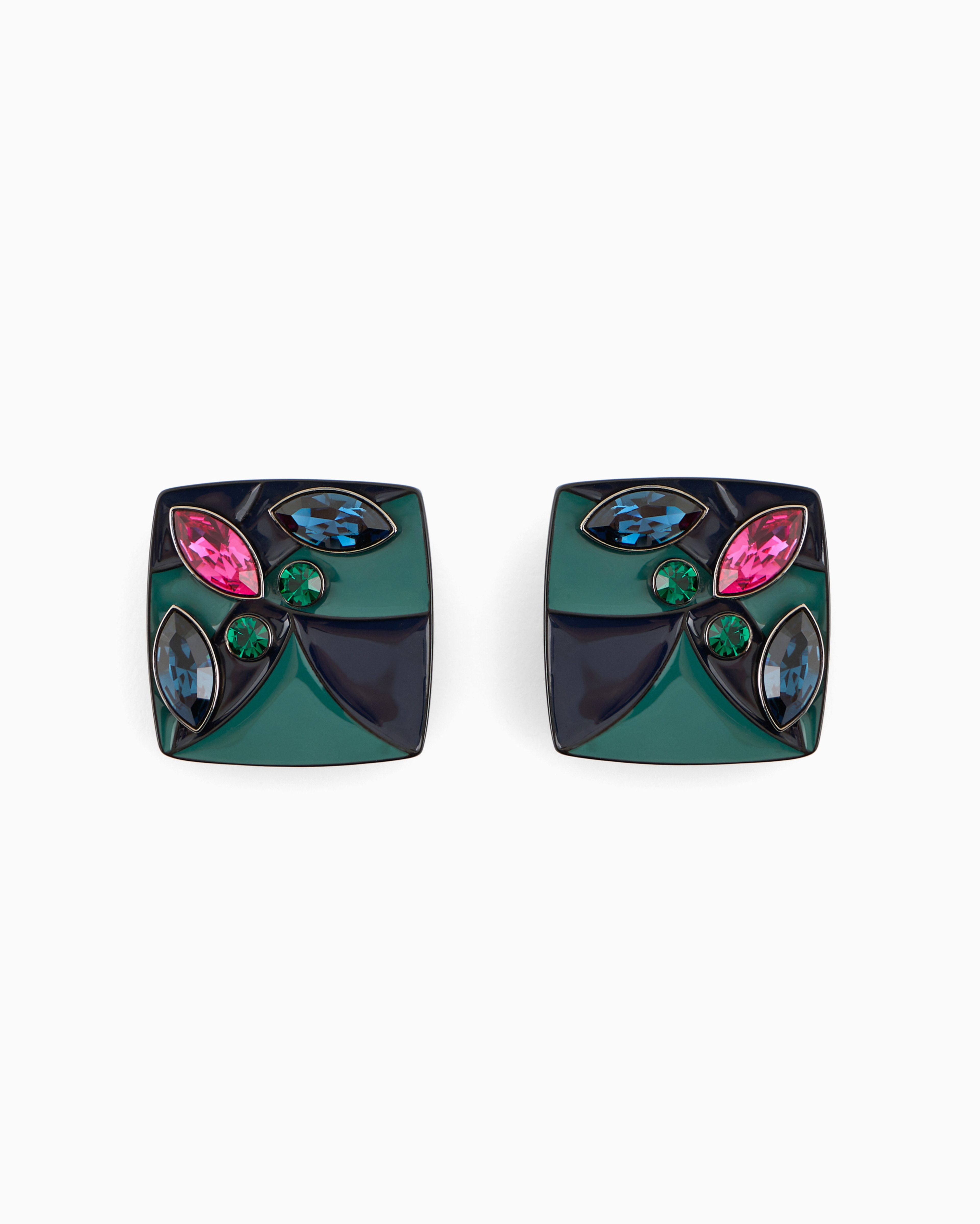 Giorgio Armani Official Store Enamelled Clip Earrings With Swarovski Crystals In Green