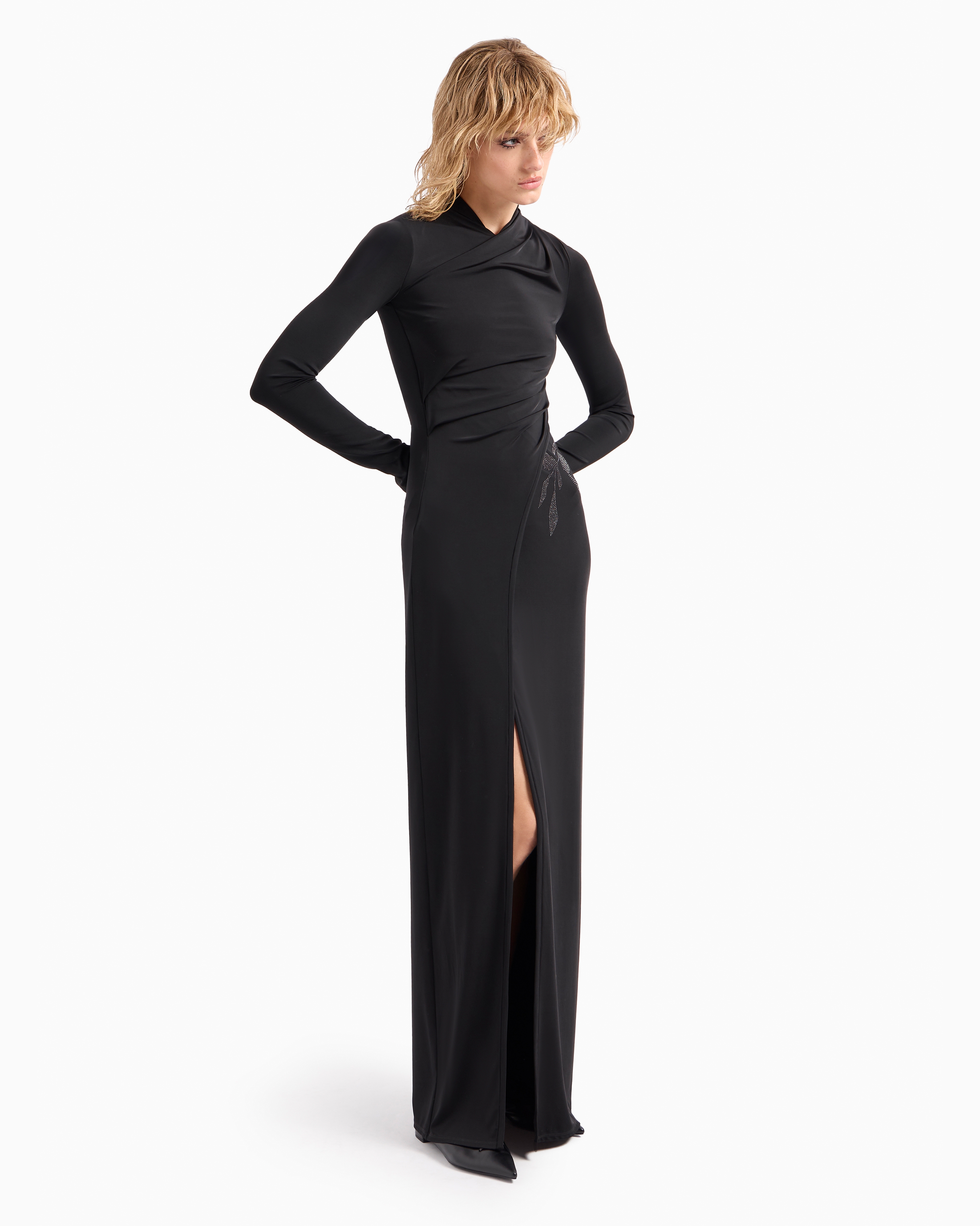 Giorgio Armani Official Store Asv Long Dress In Stretch Viscose Jersey With Rhinestones In Black