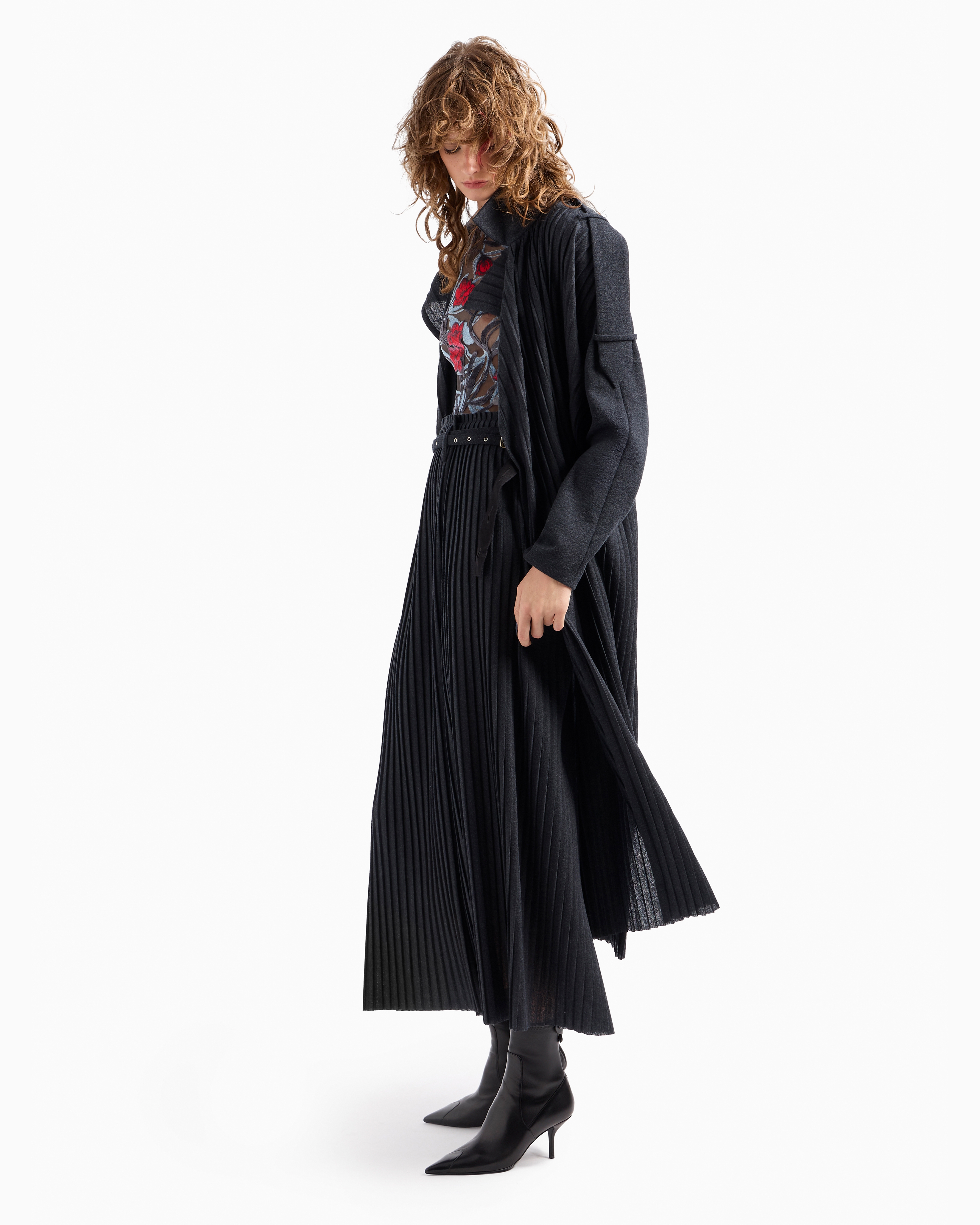 Shop Giorgio Armani Pleated Wool Jersey Long Trench Coat In Gray