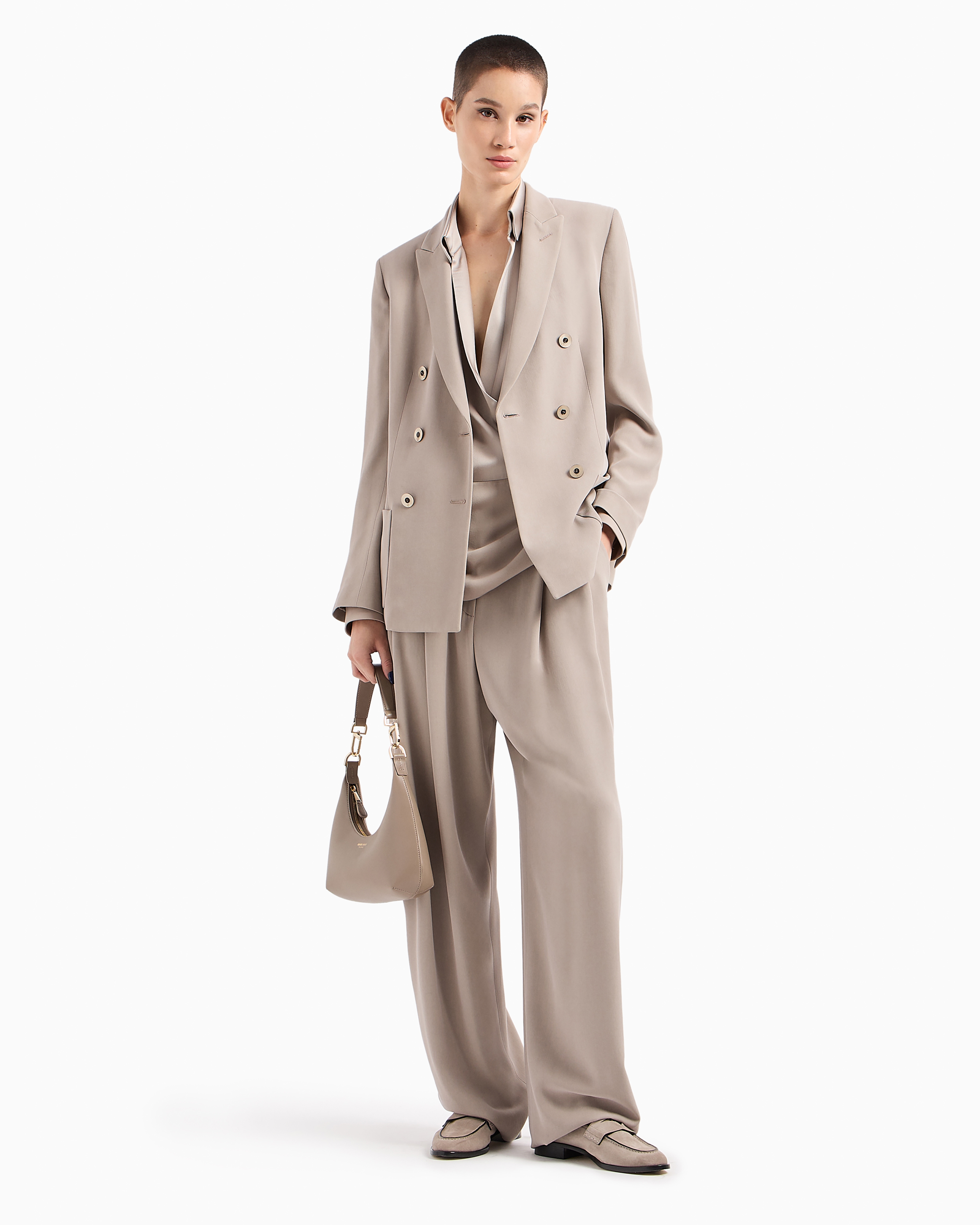 Shop Giorgio Armani Washed Silk Double-breasted Jacket In Beige