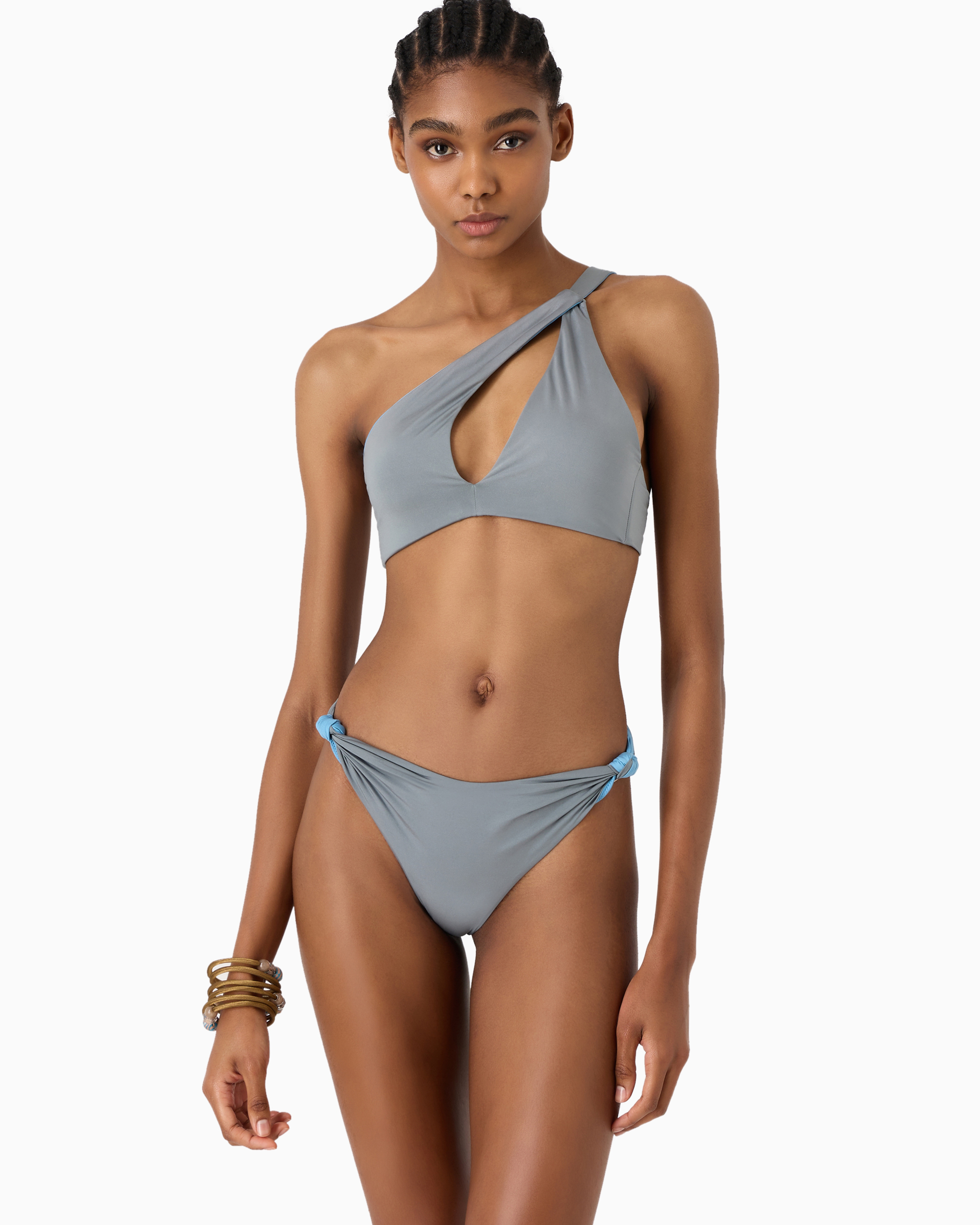 Shop Giorgio Armani Asymmetric Bandeau Bikini In Gray