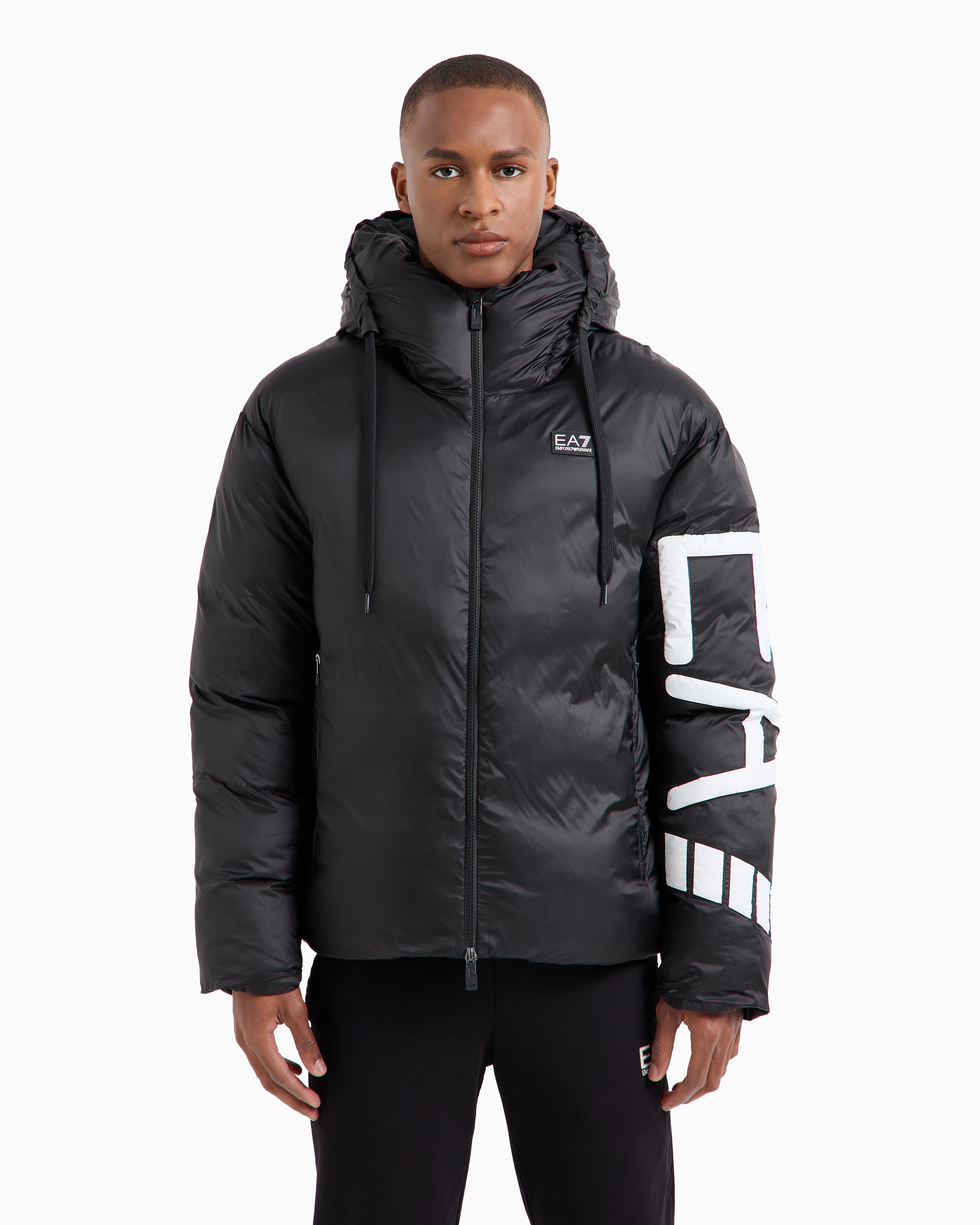 Shop Ea7 Technical Fabric Padded Jacket With Hood In Black