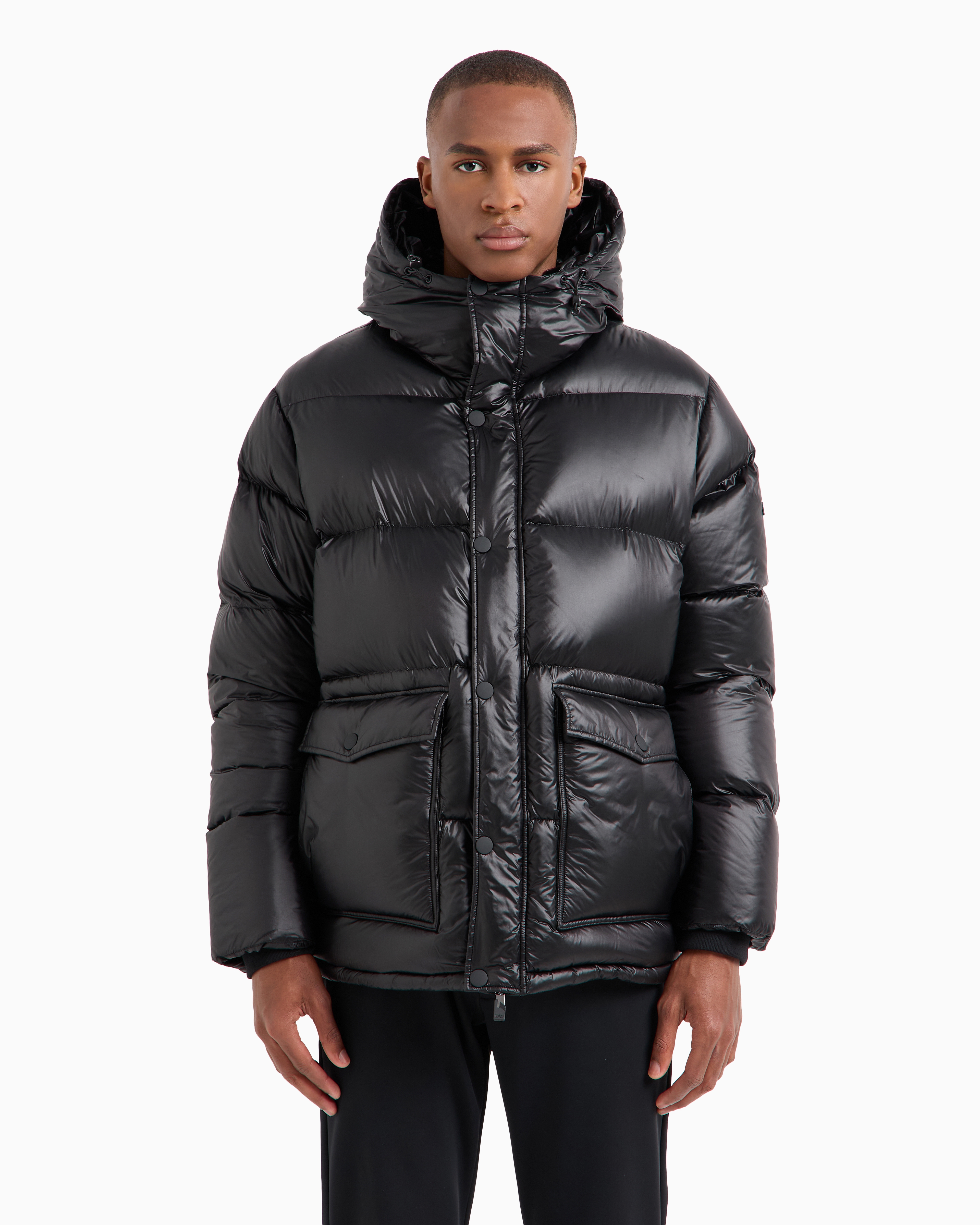 Shop Ea7 Iridescent Nylon Down Jacket With Hood In Black