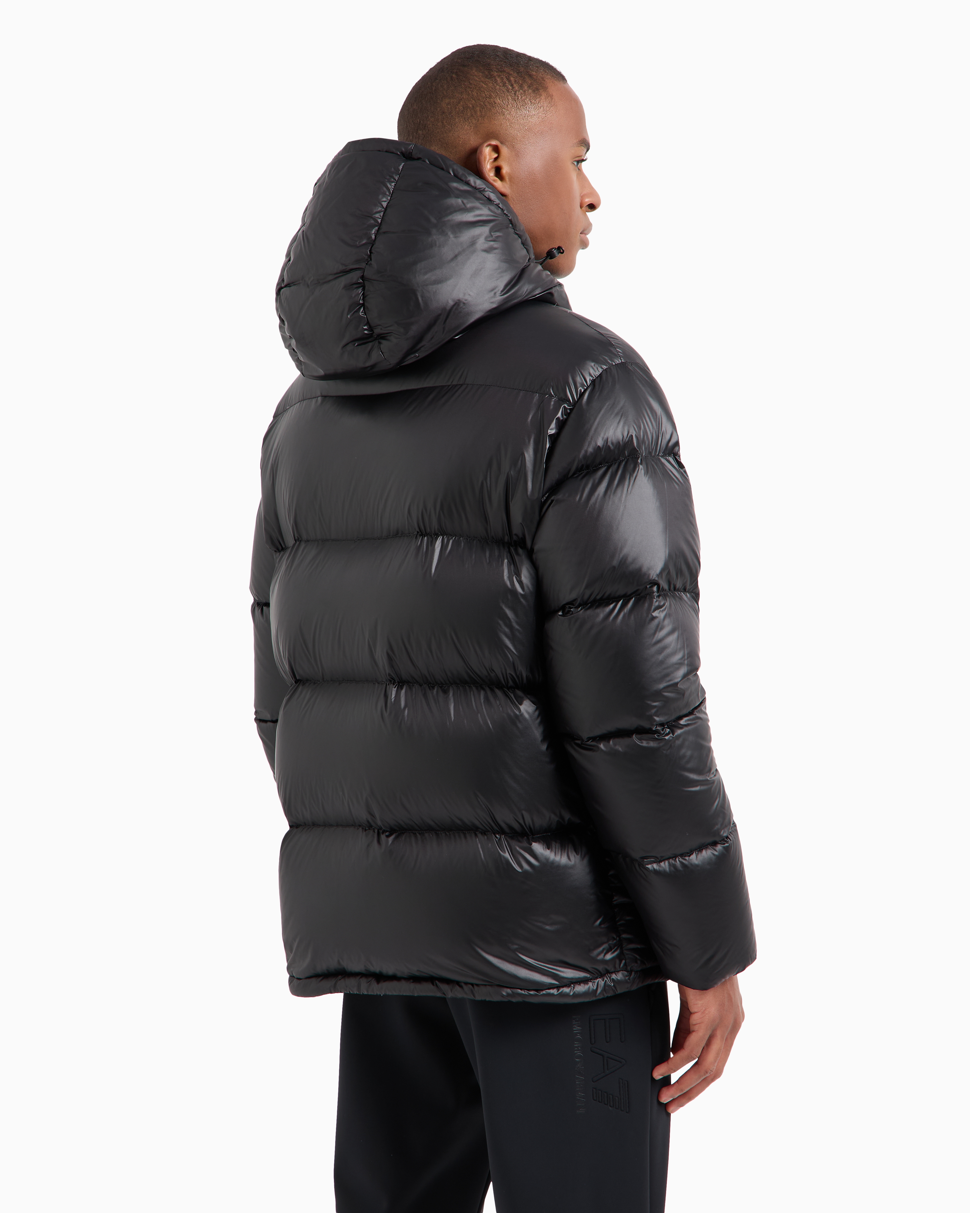 Shop Ea7 Iridescent Nylon Down Jacket With Hood In Black