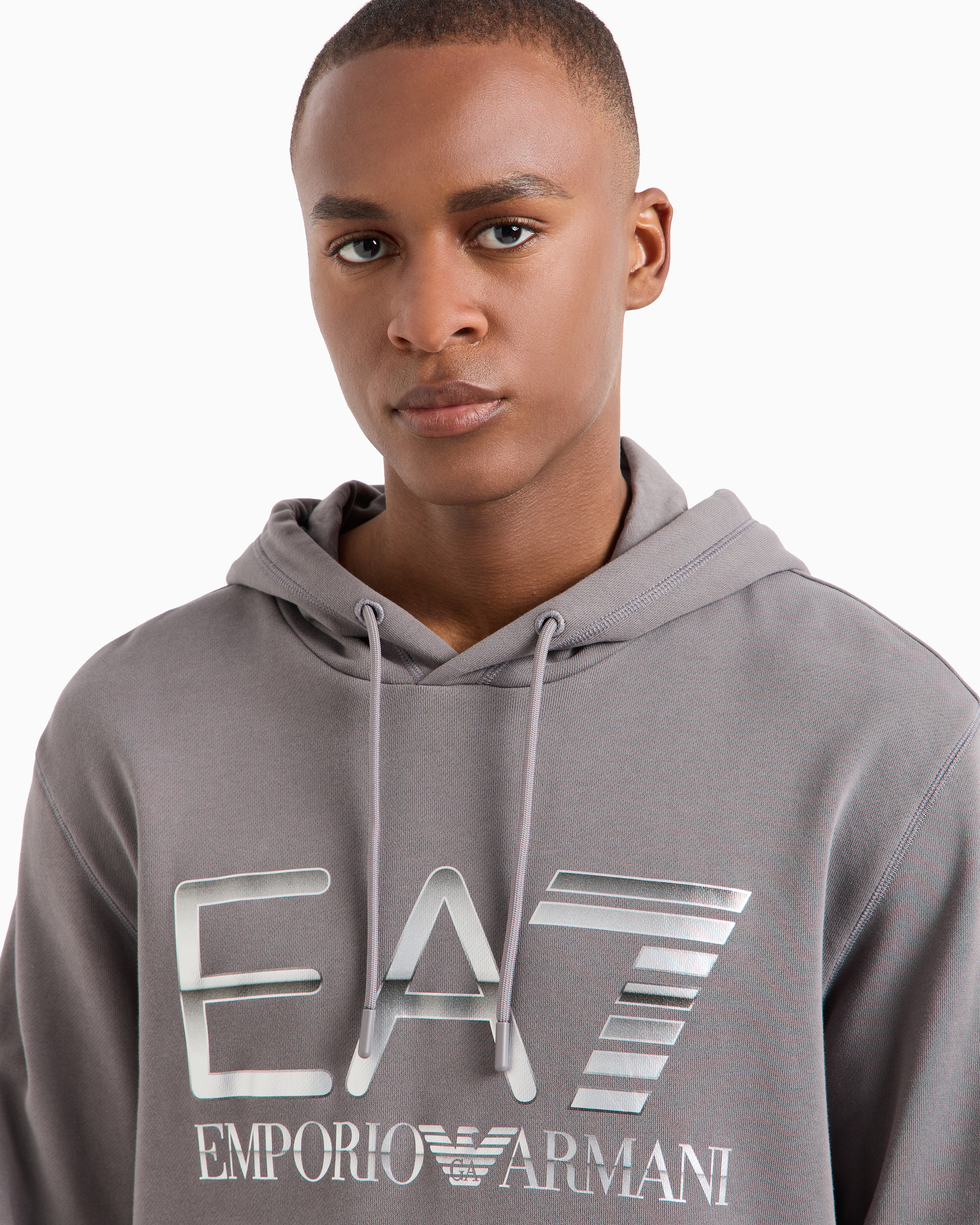 Ea7 Logo Series hooded cotton sweatshirt Man Grey Size L