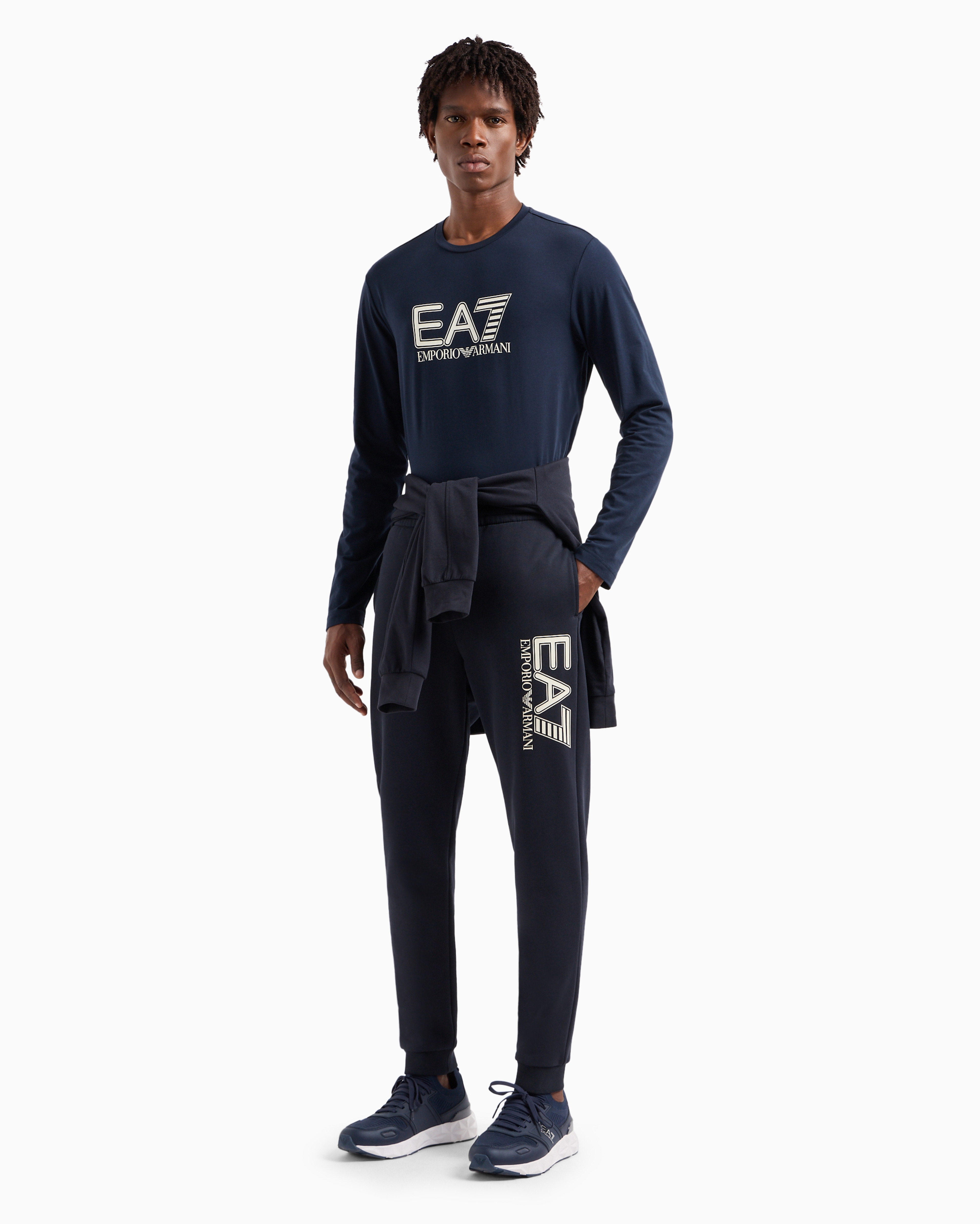 Shop Ea7 Visibility Cotton-blend Joggers In Navy Blue