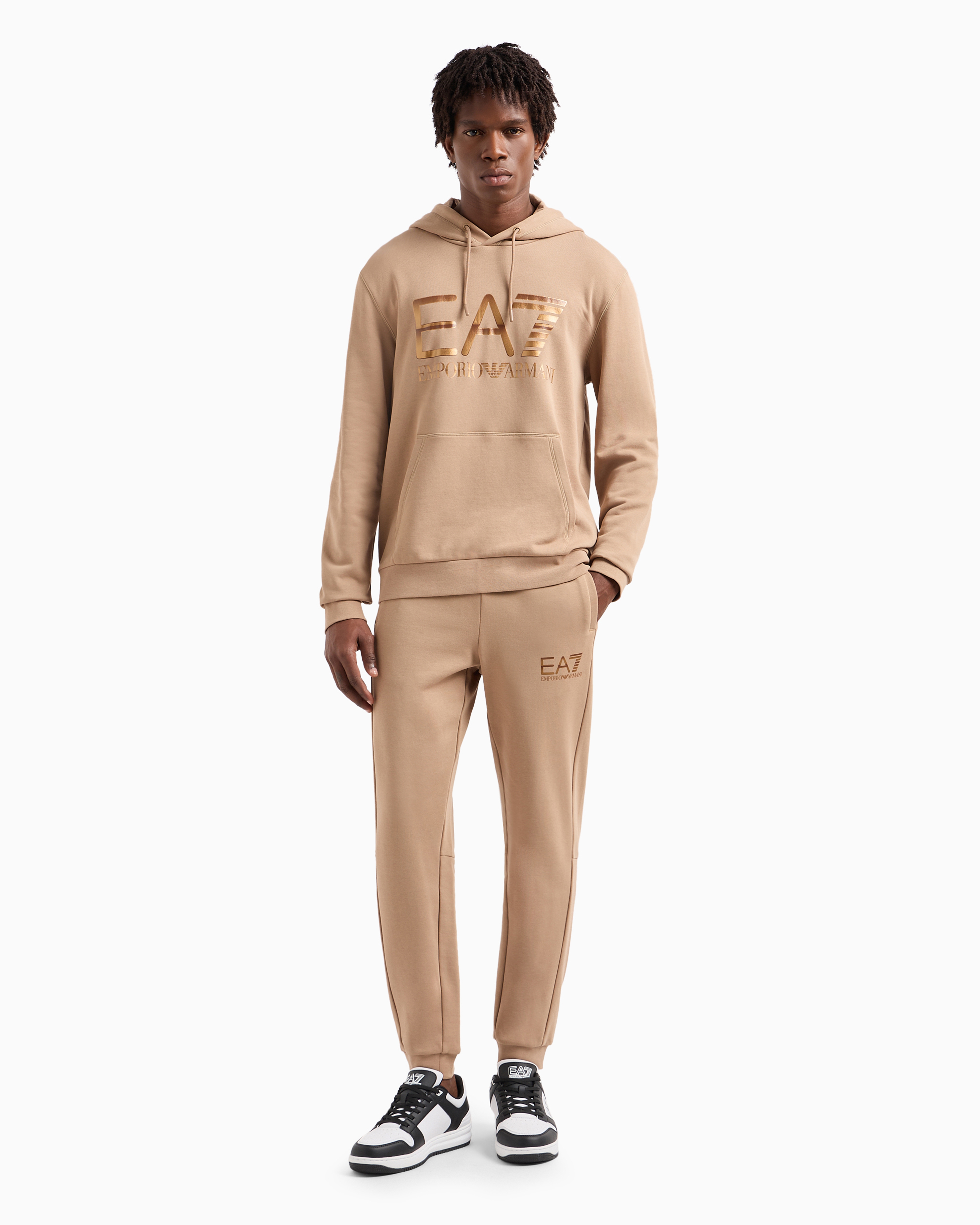 Shop Ea7 Logo Series Cotton Joggers In Beige