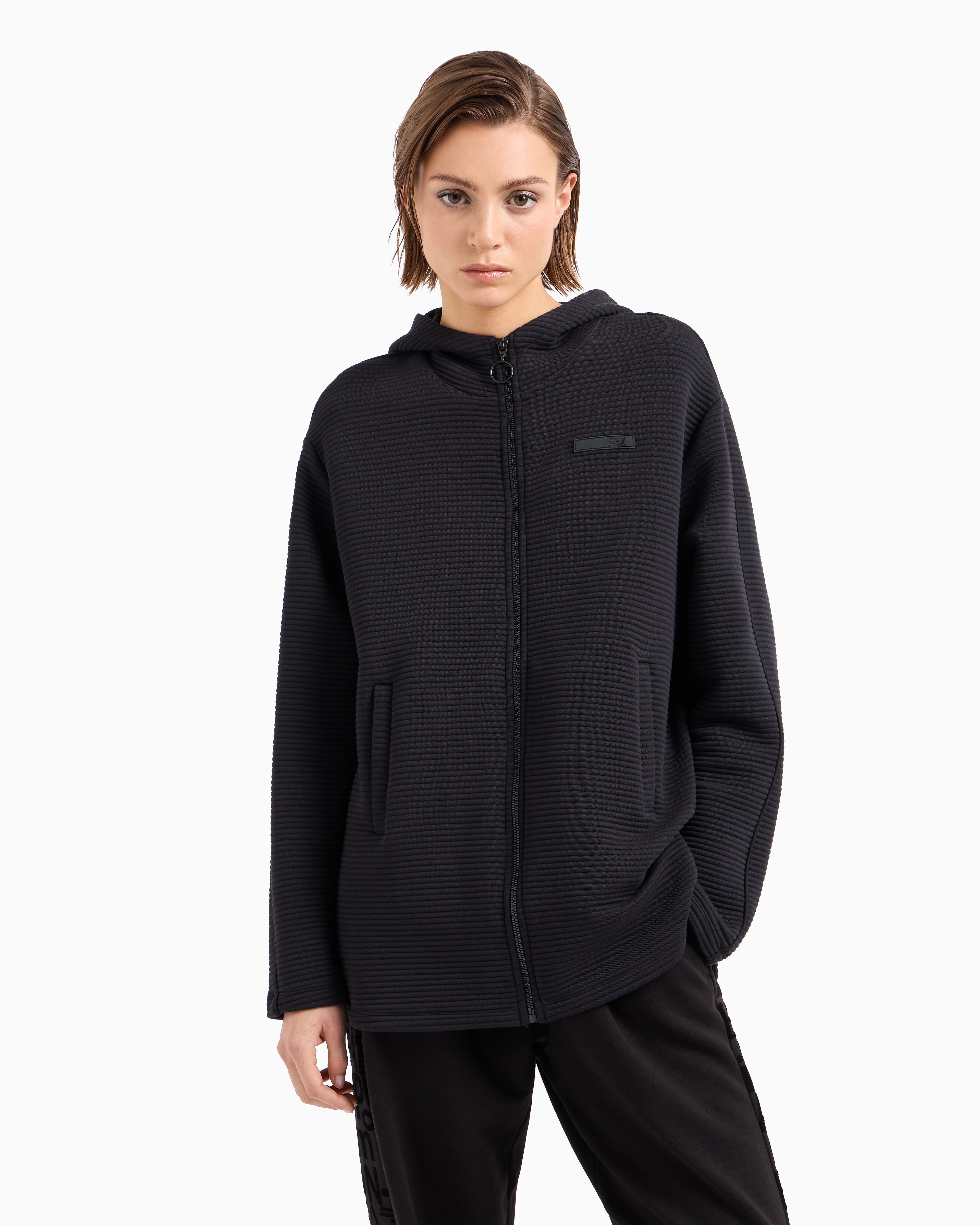 Shop Ea7 Sporty Forever Cotton-blend Hooded Long Sweatshirt In Black