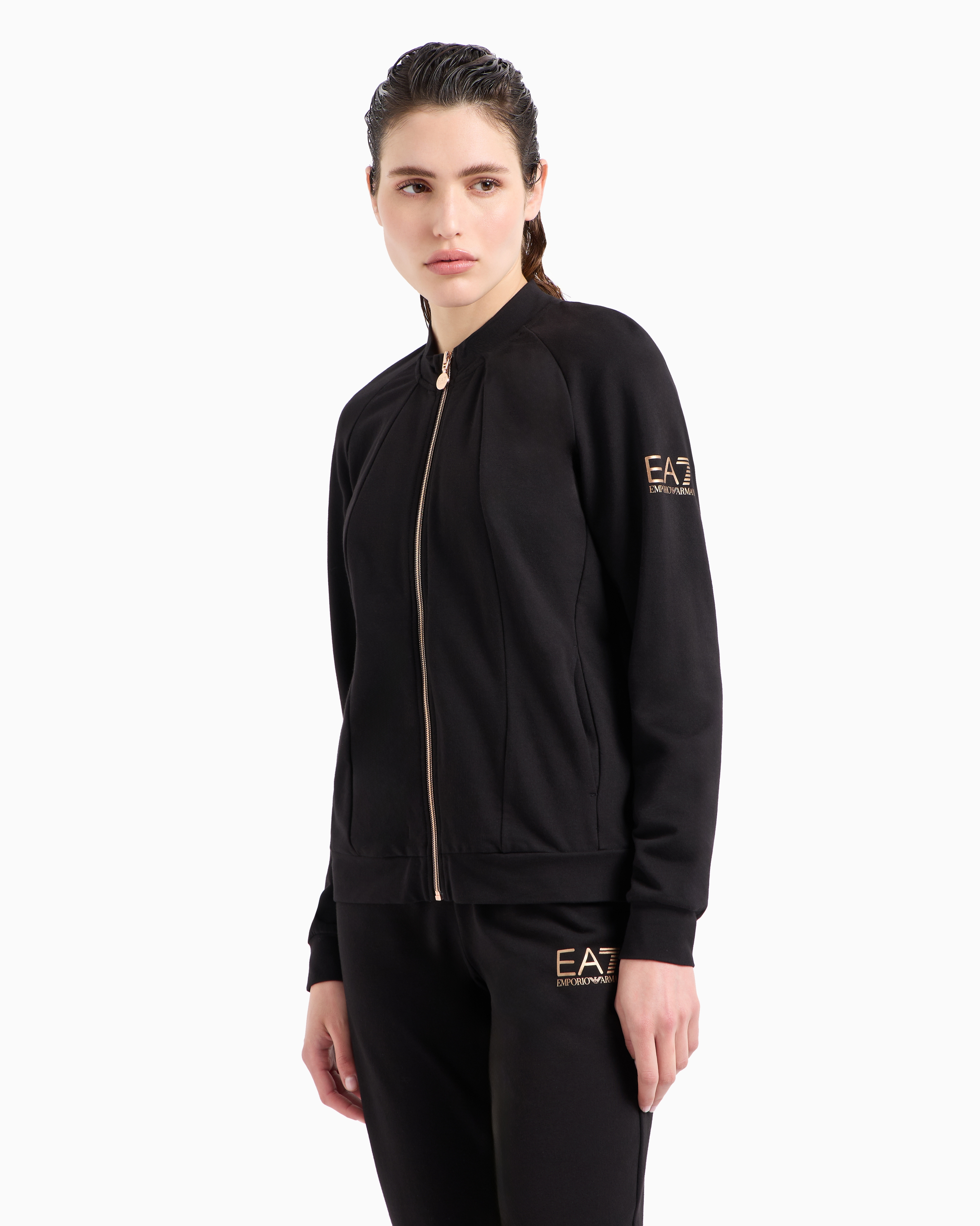 Ea7 Official Store Core Lady Stretch-cotton Zip-up Sweatshirt In Black