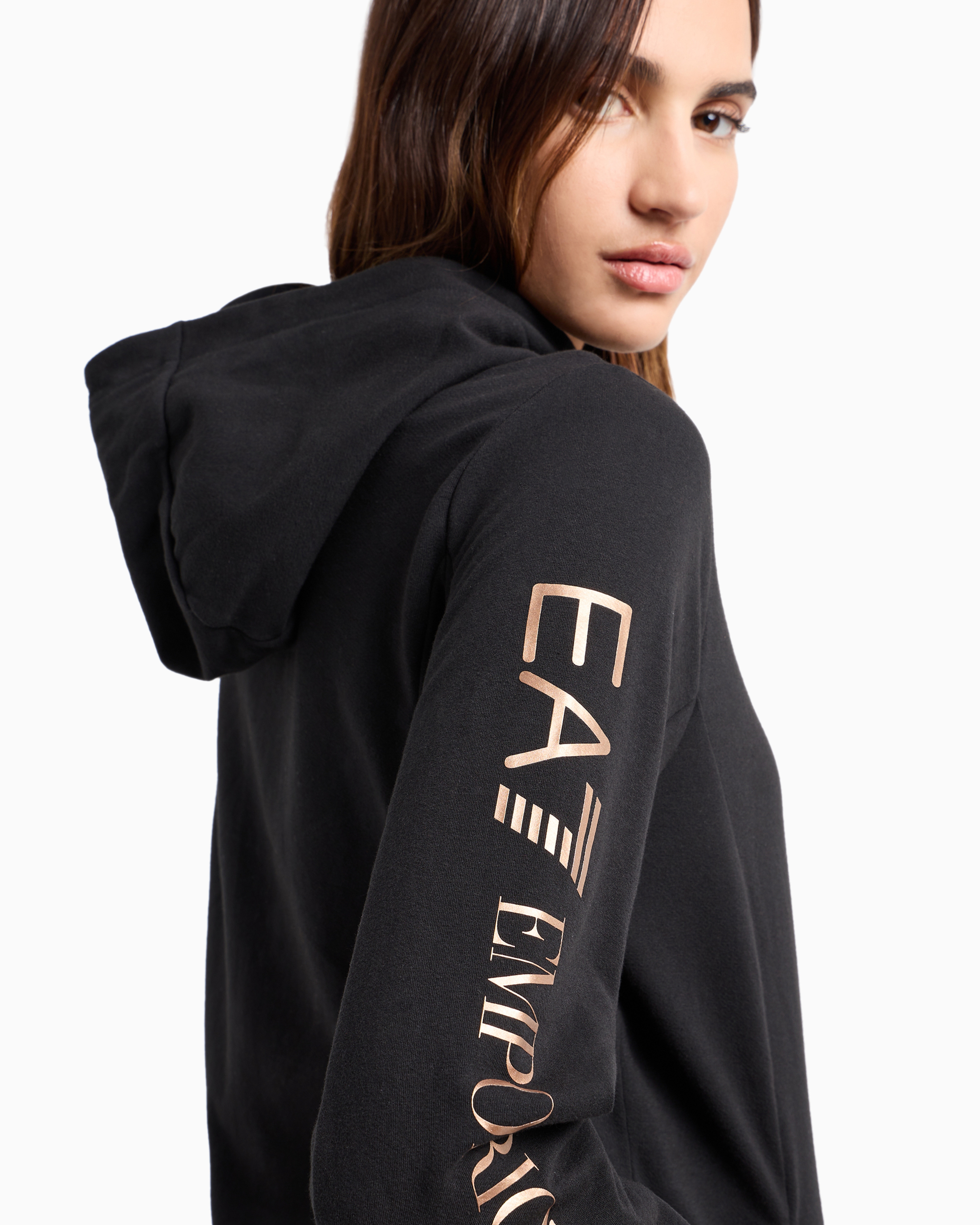 Shop Ea7 Shiny Stretch-cotton Hooded Sweatshirt In Black