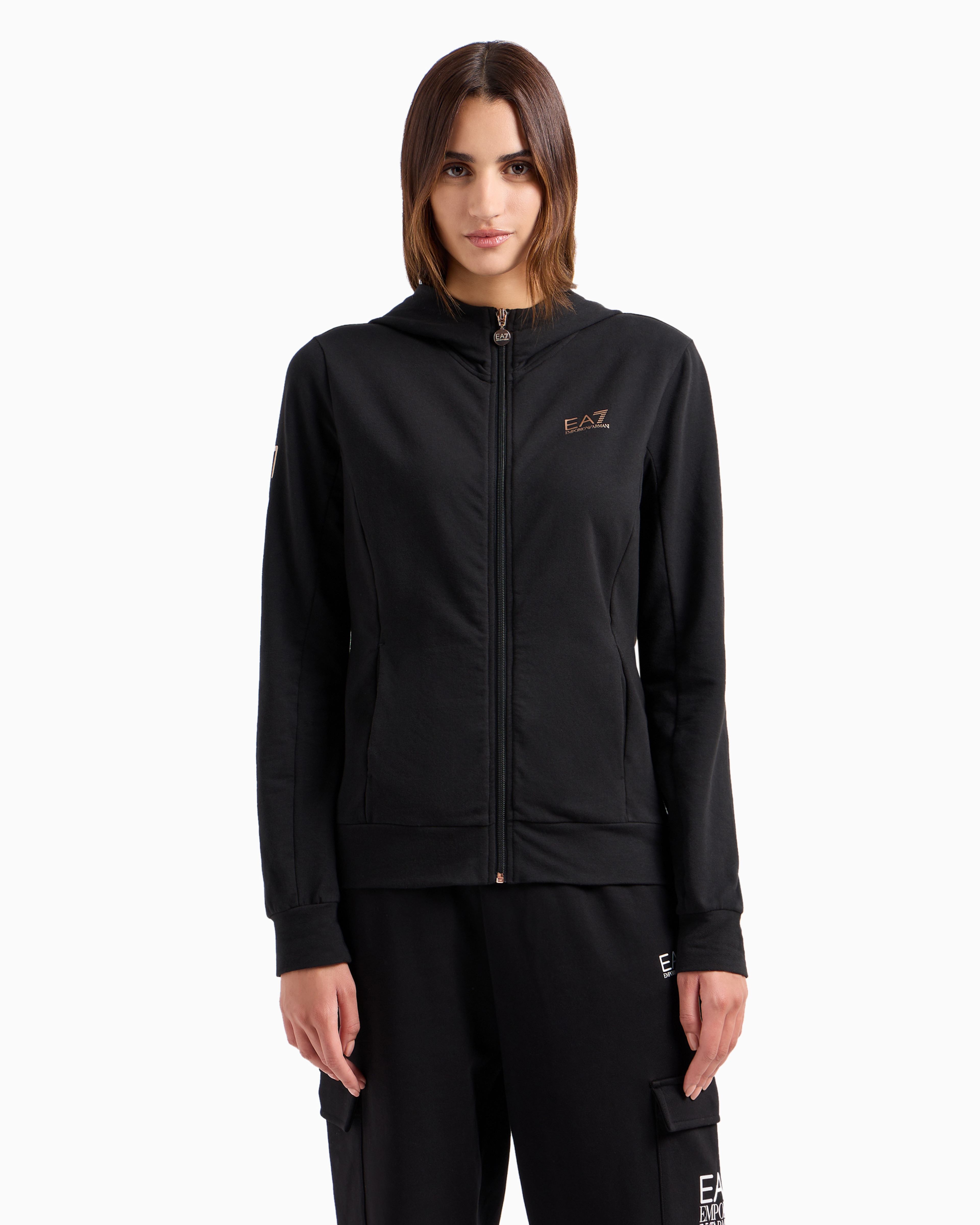 Shop Ea7 Shiny Stretch-cotton Hooded Sweatshirt In Black