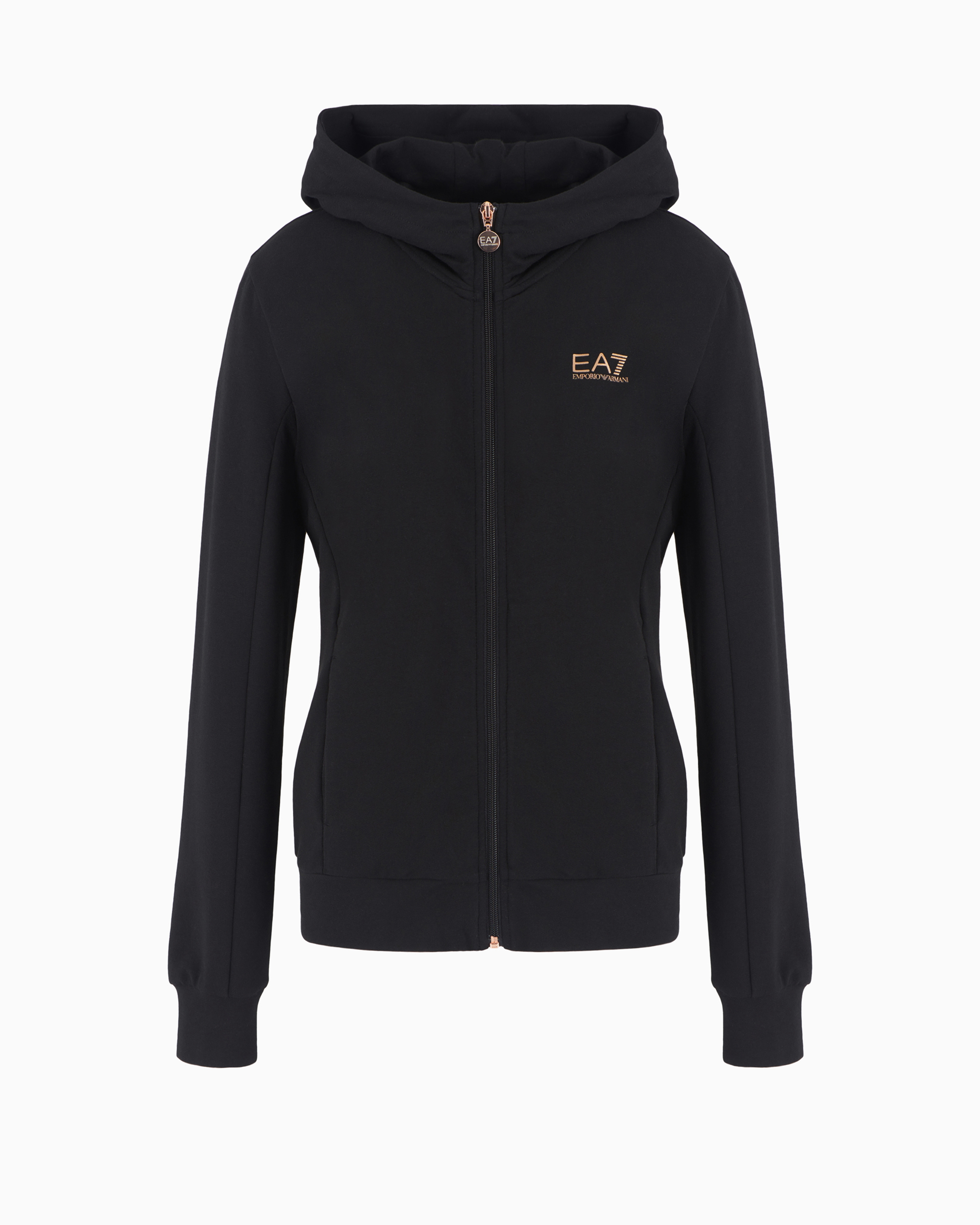 Shop Ea7 Shiny Stretch-cotton Hooded Sweatshirt In Black