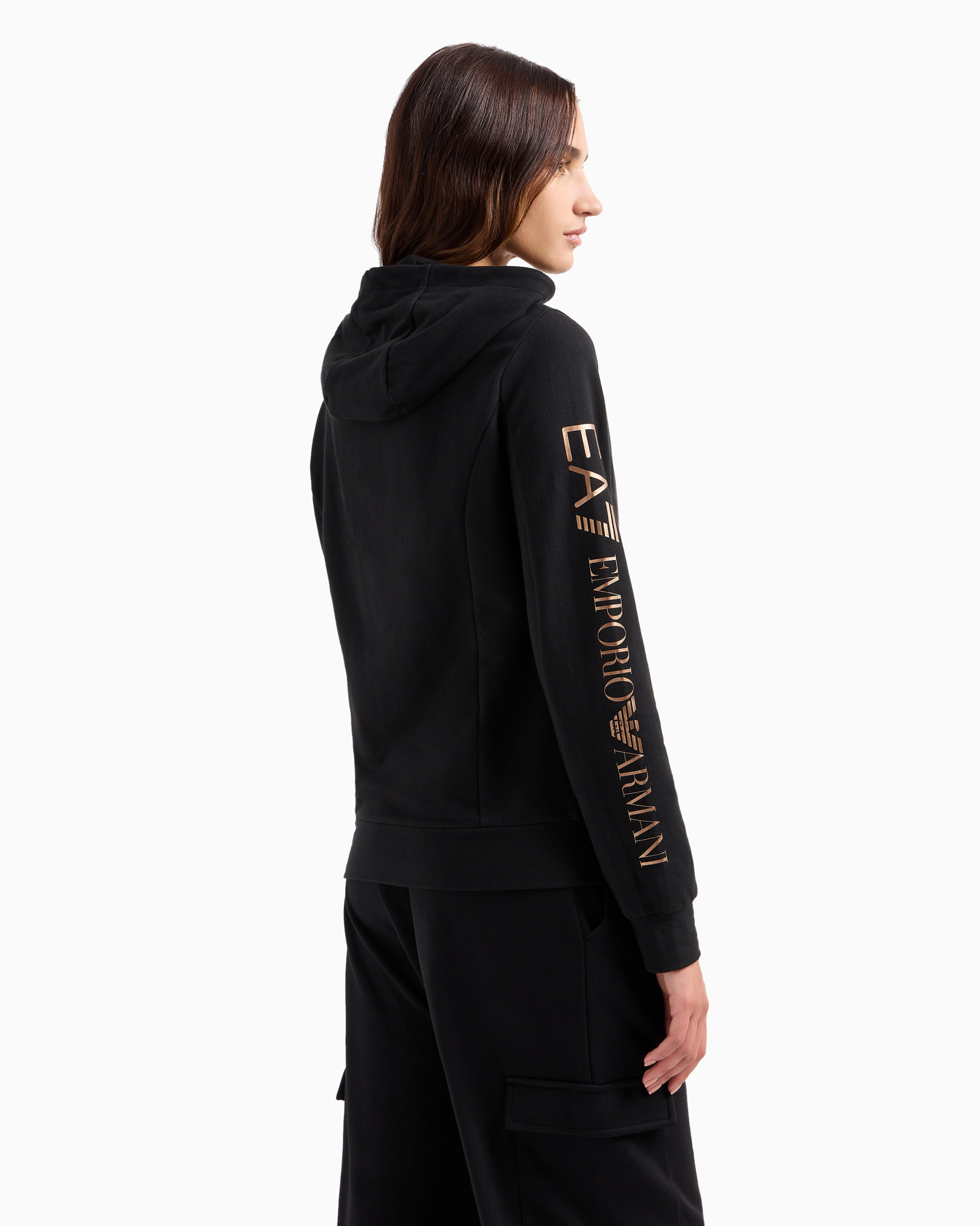 Shop Ea7 Shiny Stretch-cotton Hooded Sweatshirt In Black