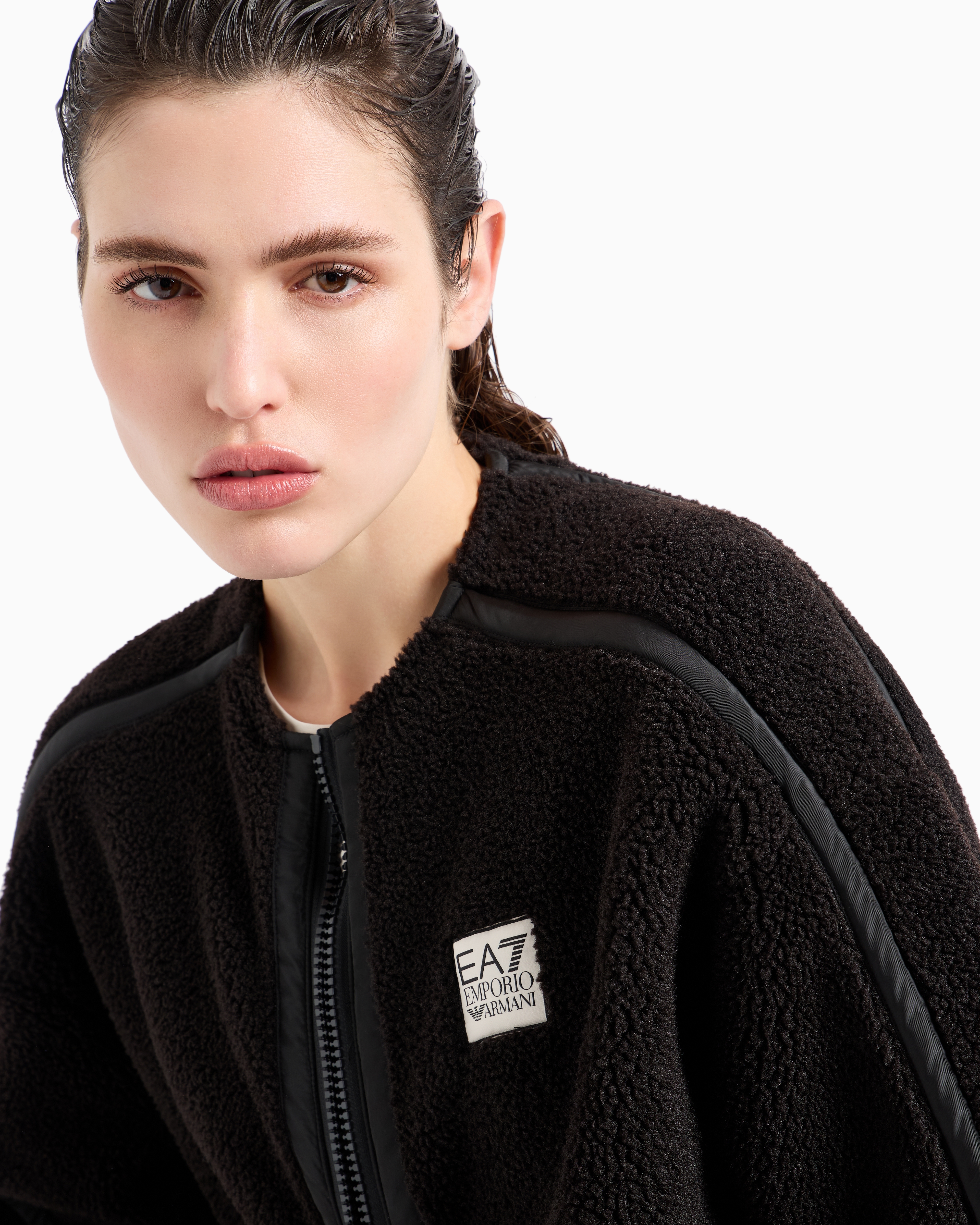 Shop Ea7 Contemporary Sport Crew-neck Sweatshirt In Teddy-effect Fabric In Black