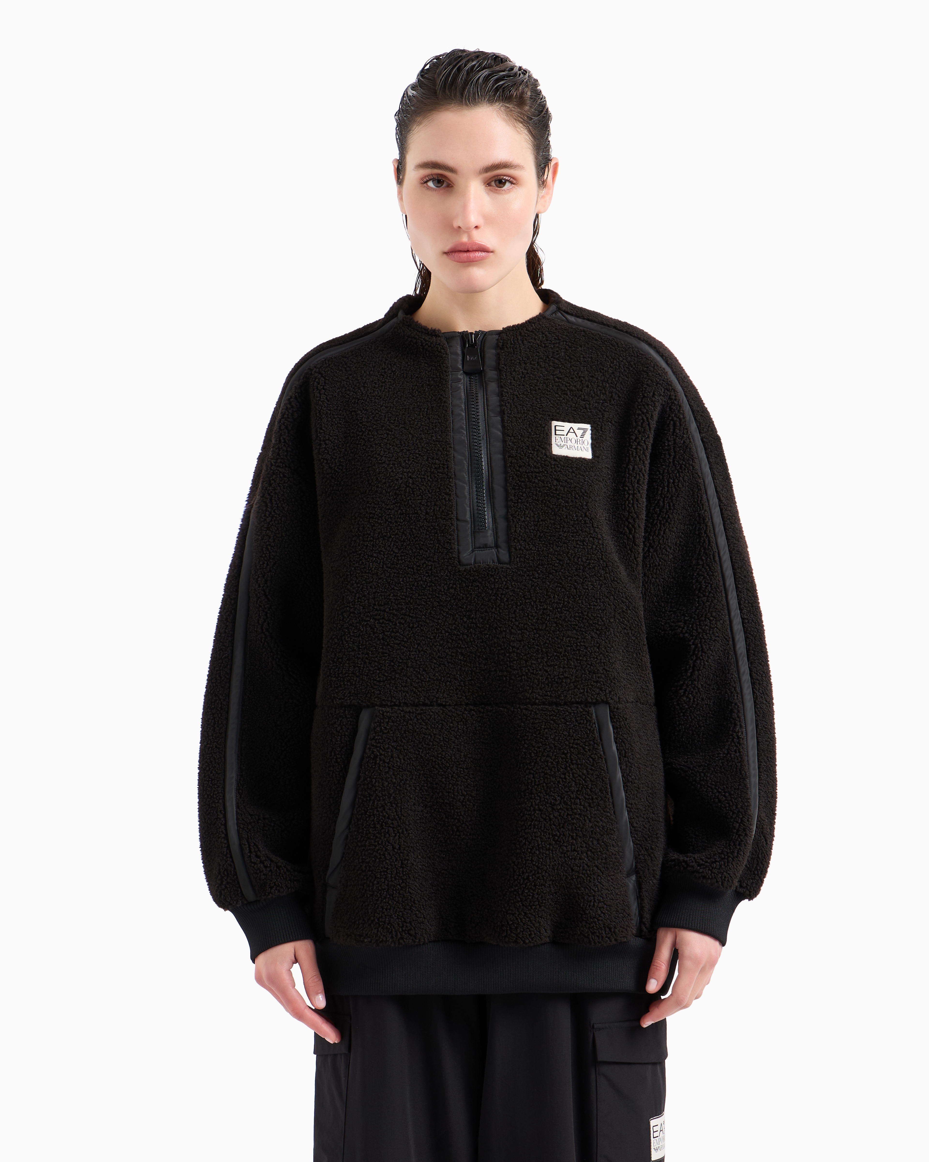 Shop Ea7 Contemporary Sport Crew-neck Sweatshirt In Teddy-effect Fabric In Black