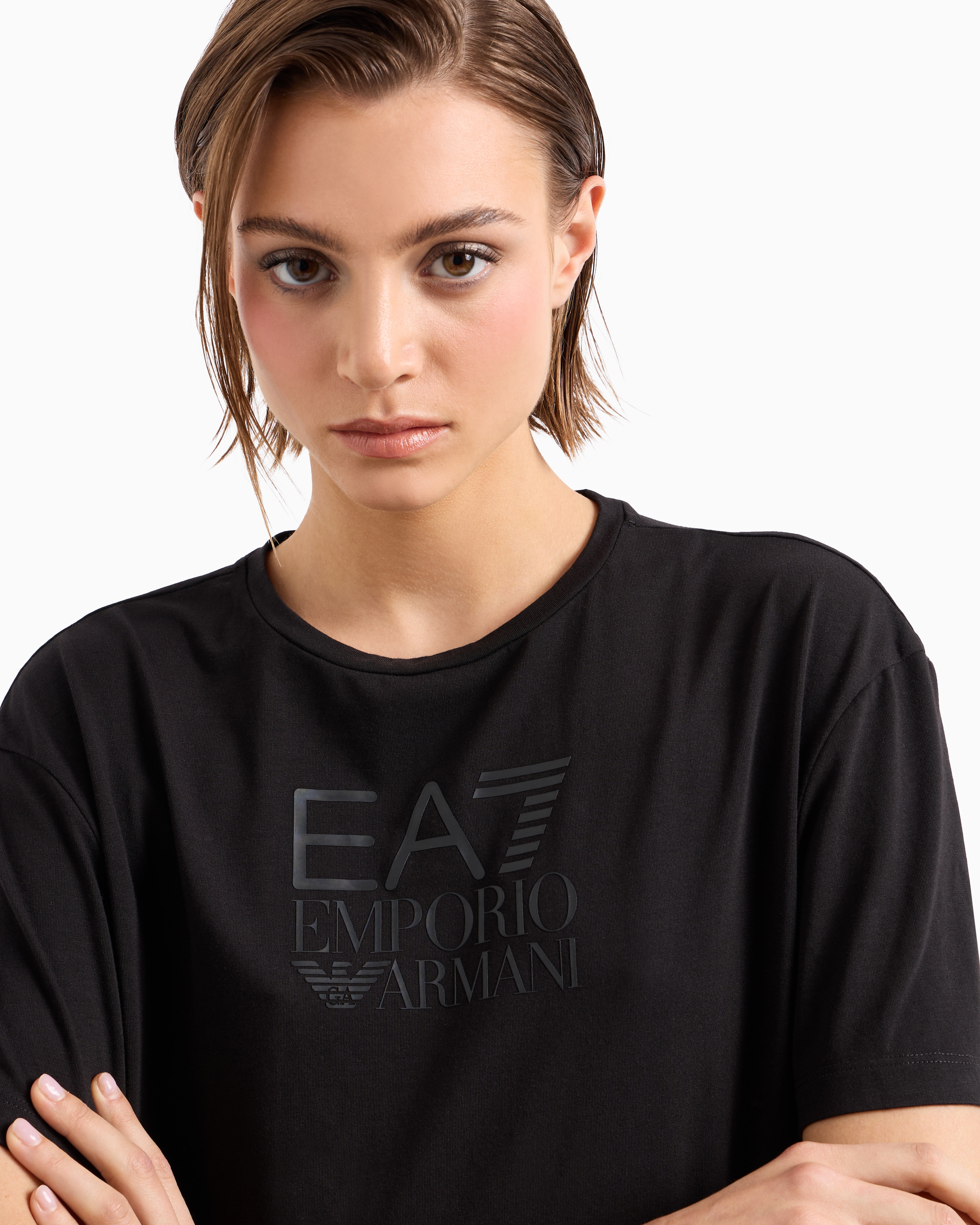 Shop Ea7 Visibility Short-sleeved T-shirt In A Stretch Cotton Blend In Schwarz