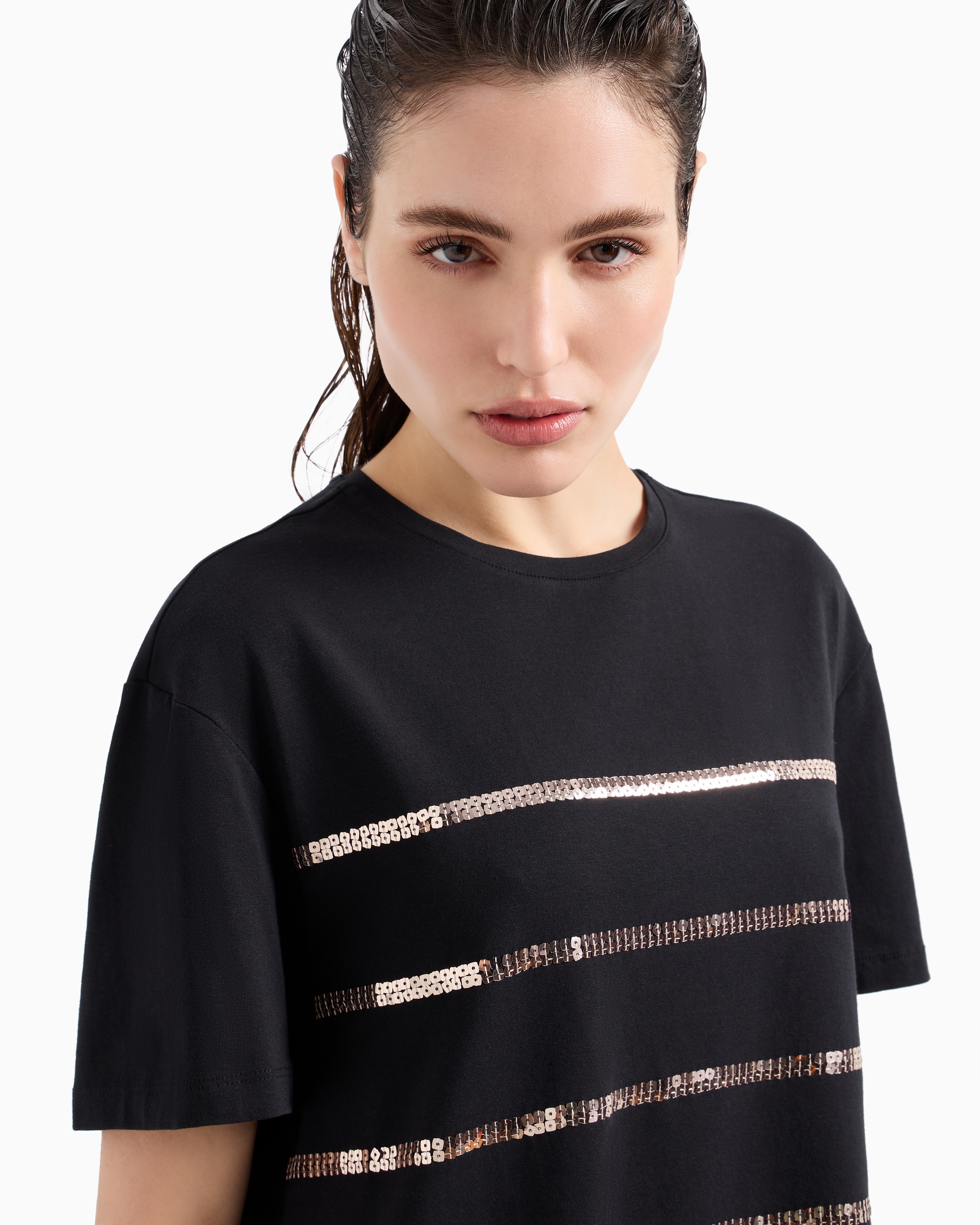 Shop Ea7 Precious Crew-neck T-shirt In A Stretch Cotton And Modal Blend In Black