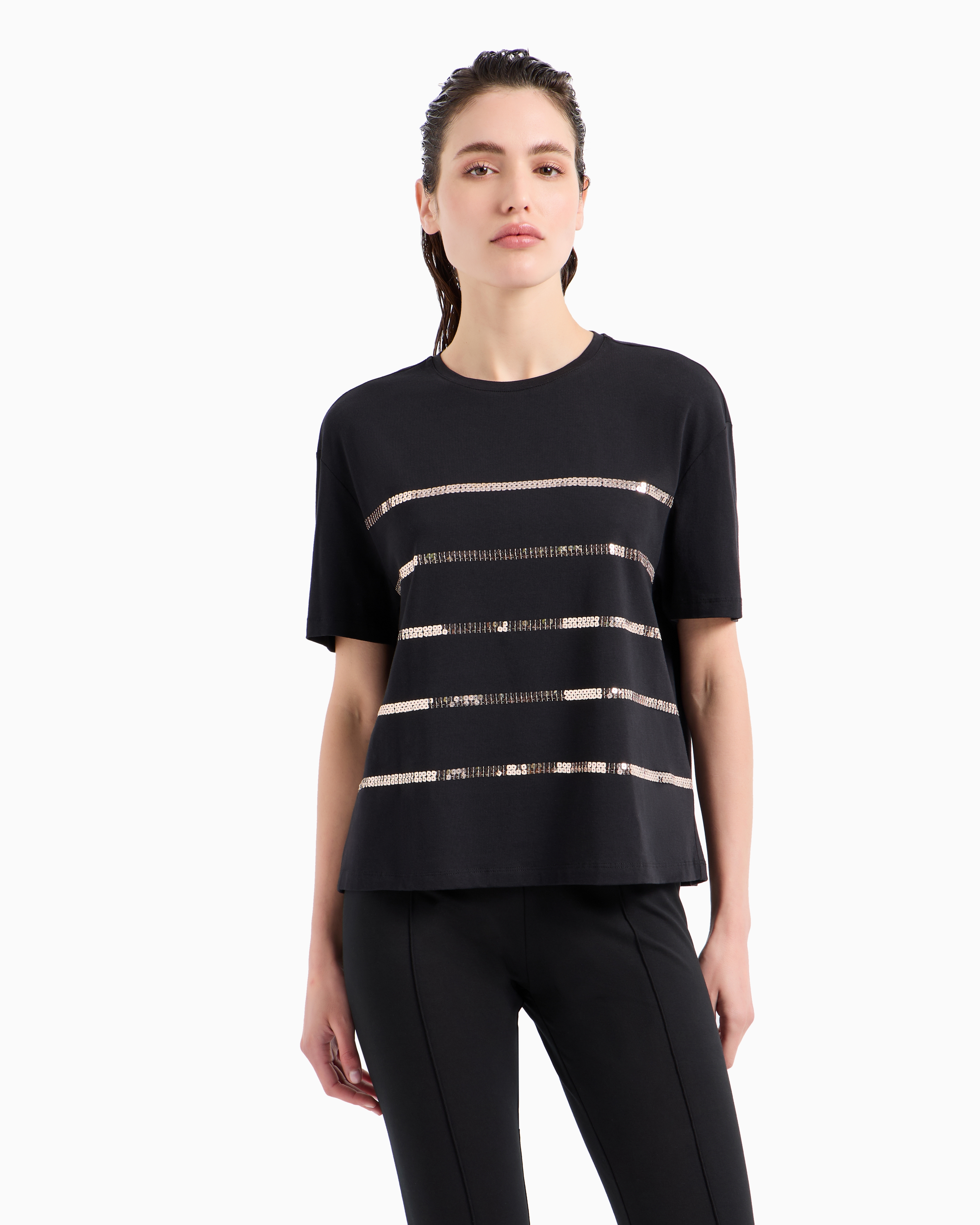 Shop Ea7 Precious Crew-neck T-shirt In A Stretch Cotton And Modal Blend In Black