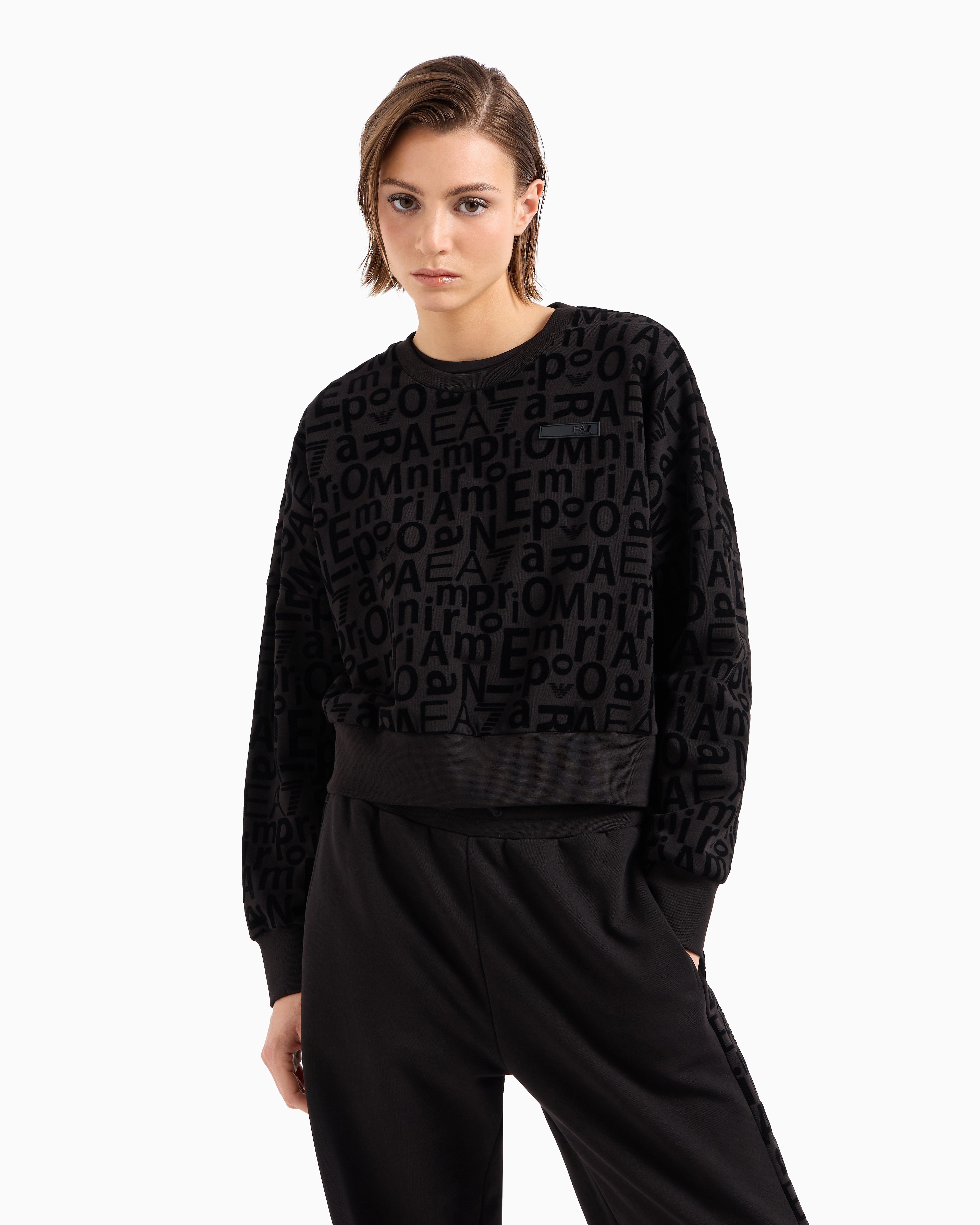 Shop Ea7 Graphic Series Crew-neck Sweatshirt In Stretch Modal And Organic Cotton In Black