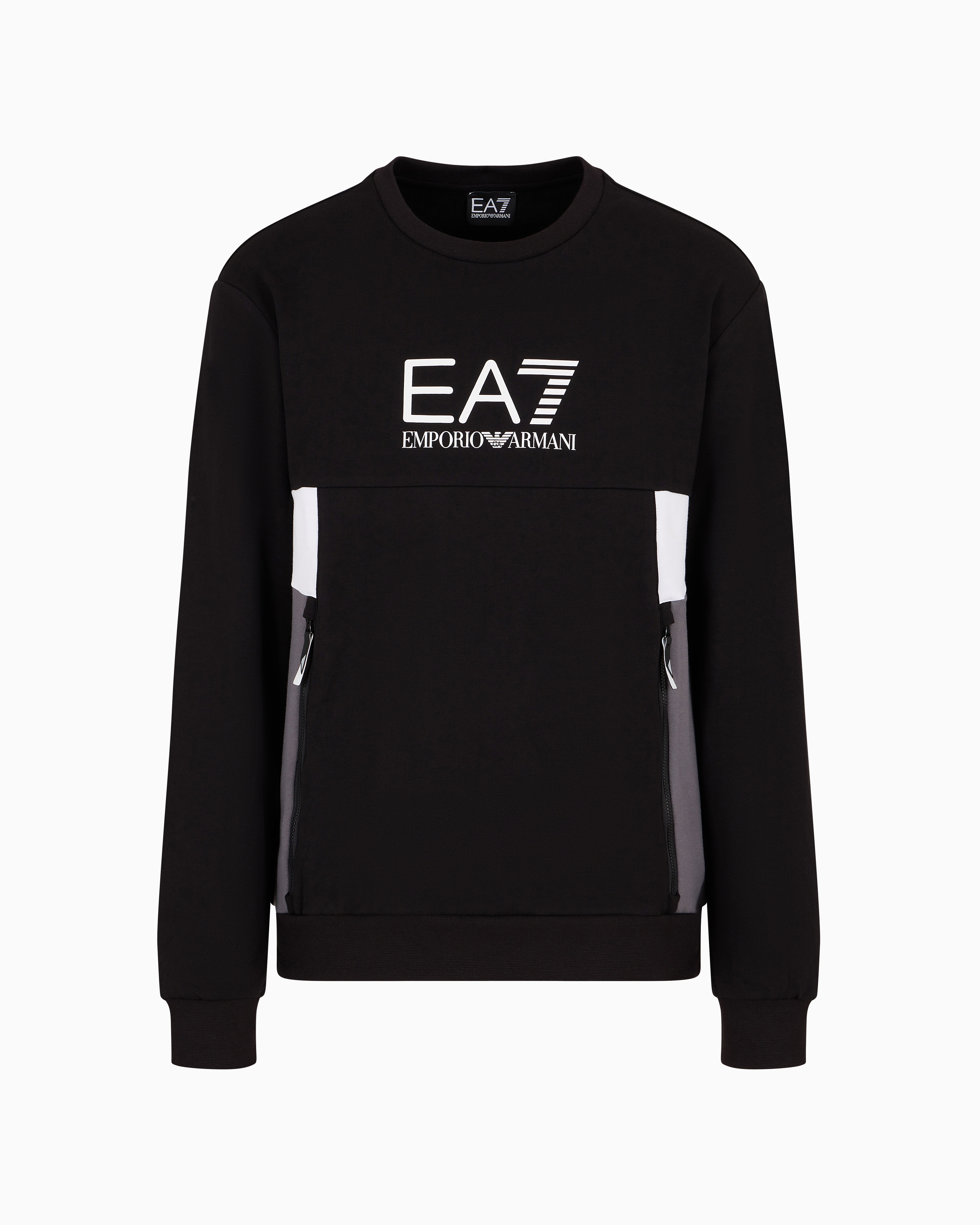 Ea7 Official Store Summer Block Crew-neck Sweatshirt In A Recycled Cotton Blend In Black