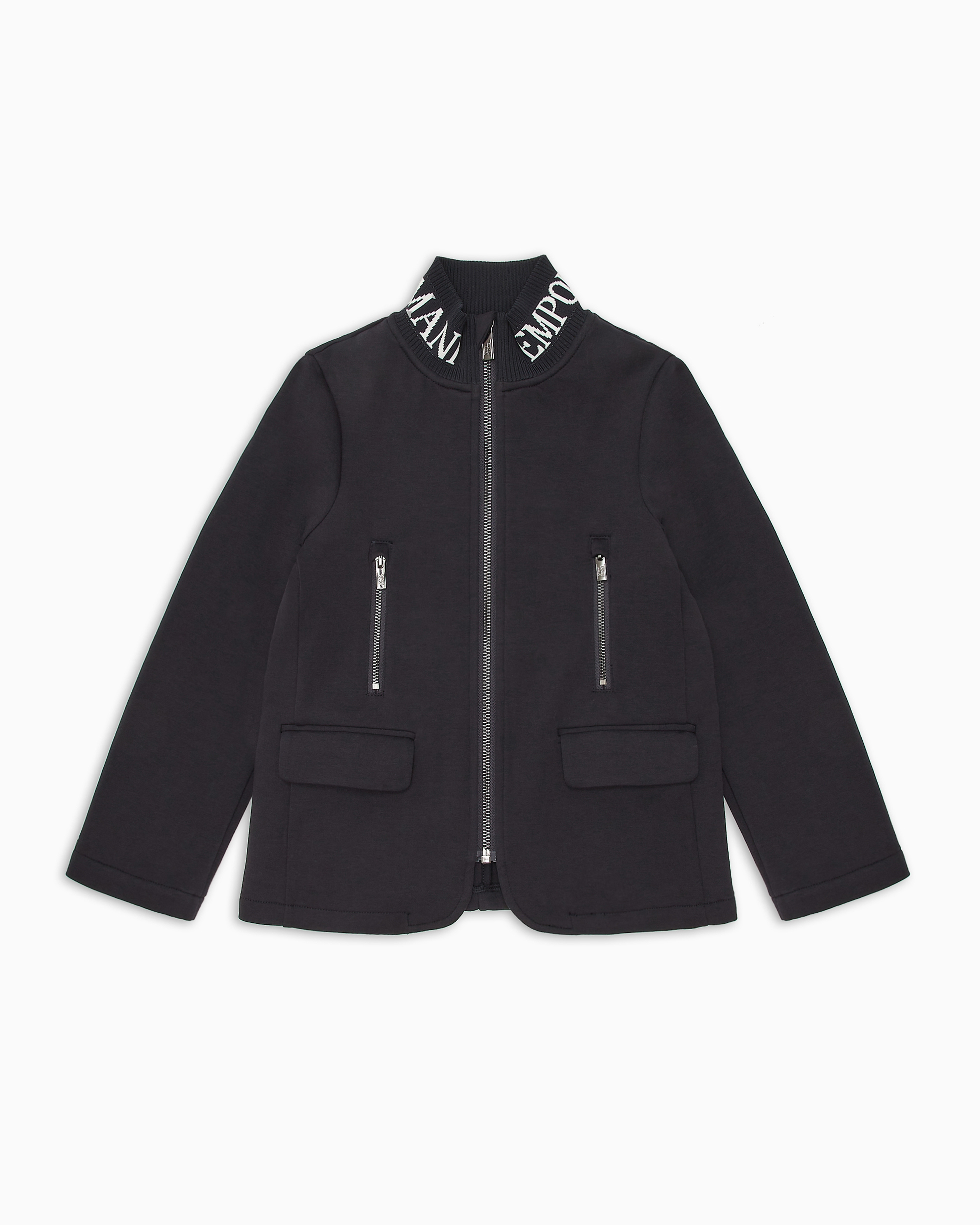 Emporio Armani Official Store Full-zip Double Jersey Jacket With Logo Collar In Bleu Marine