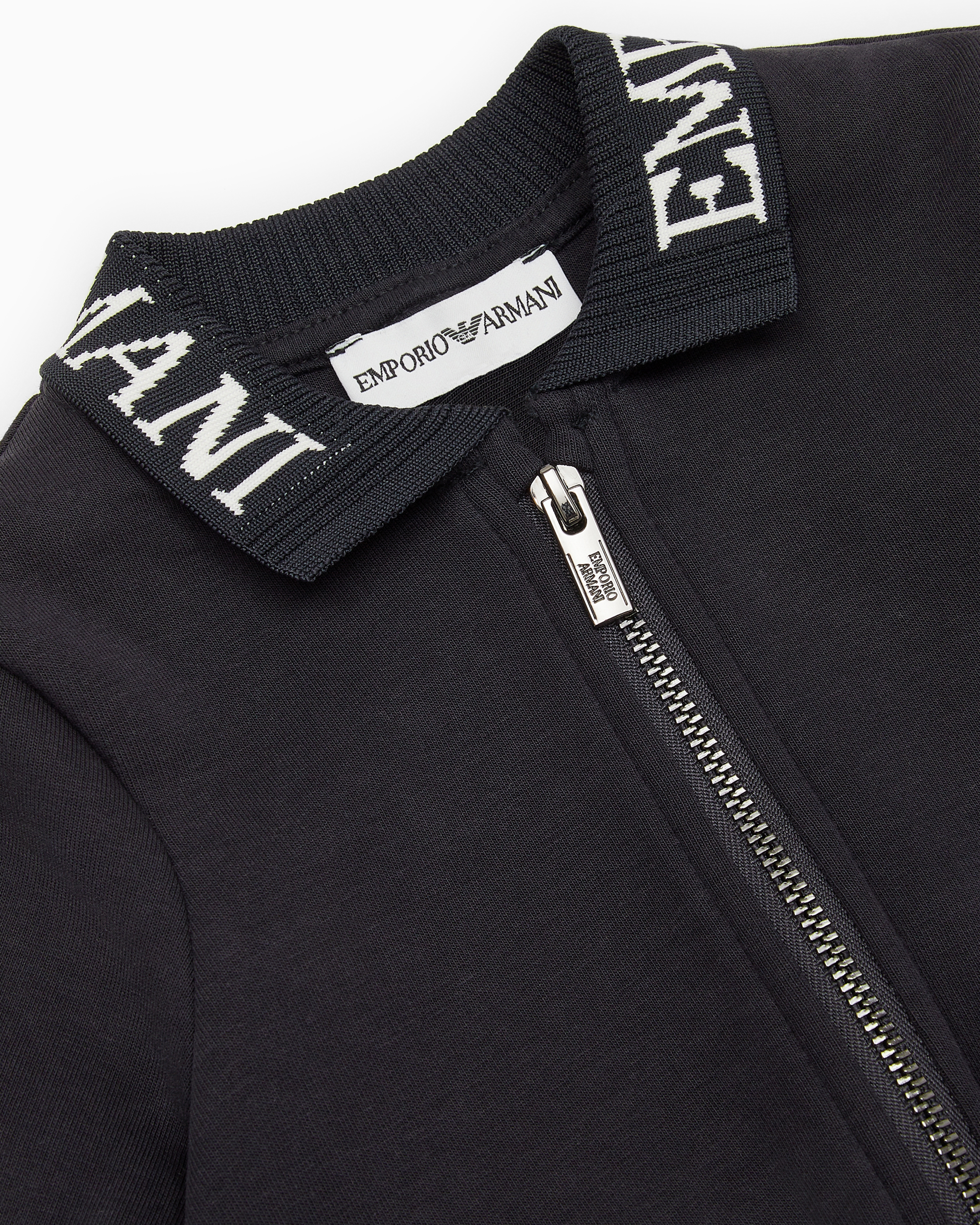 Shop Emporio Armani Double-jersey Zip-up Jacket With Logo Collar In Navy Blue